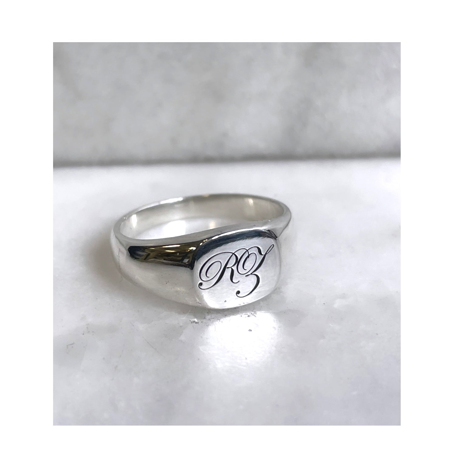 Double Initial Edwardian Cushion Signet Ring - Silver