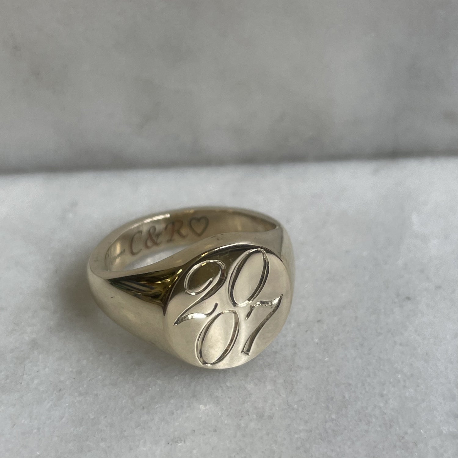 Hand Engraved Letters 9k Yellow Gold Round Signet Ring