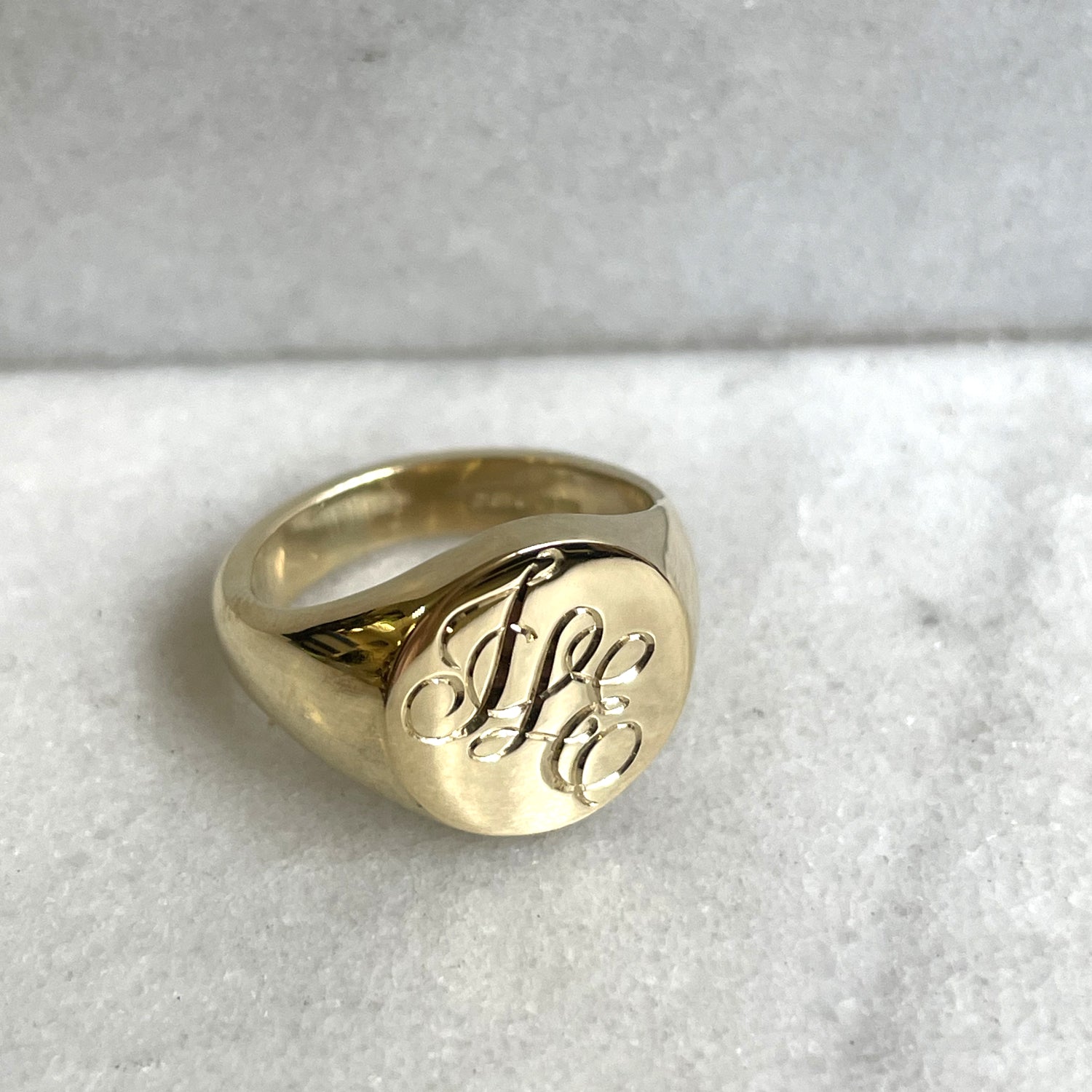 Hand Engraved Letters 9k Yellow Gold Round Signet Ring - 11mm
