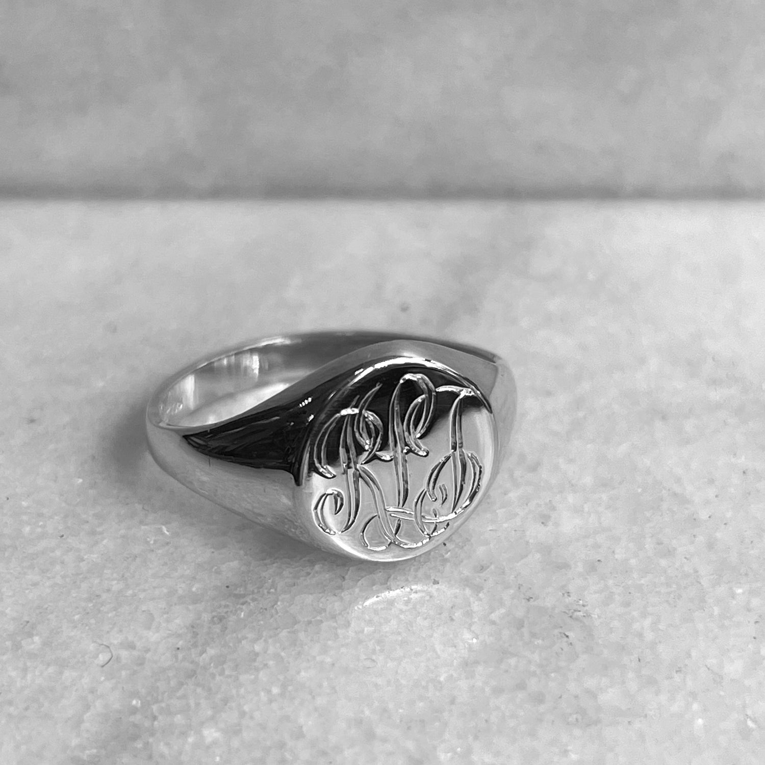 Hand Engraved Initials Round Signet Ring - Recycled Silver 11mm