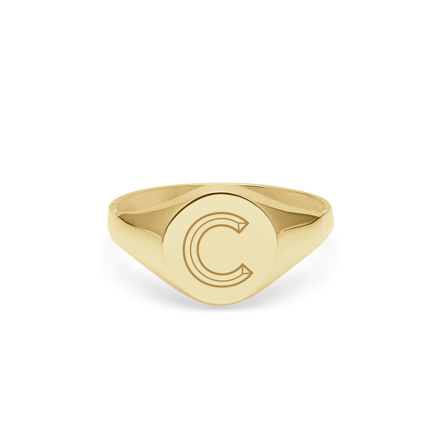 Initial C Facett Round Signet Ring - 9k Yellow Gold