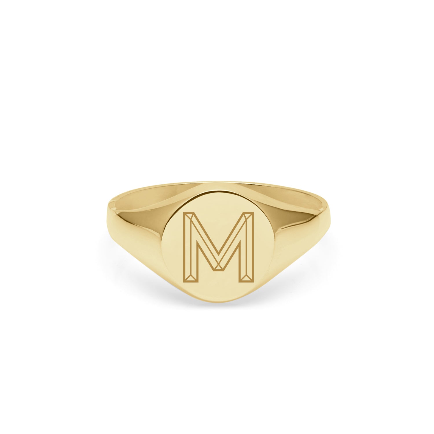 Single Initial Facett Round Signet Ring - 9k Yellow Gold
