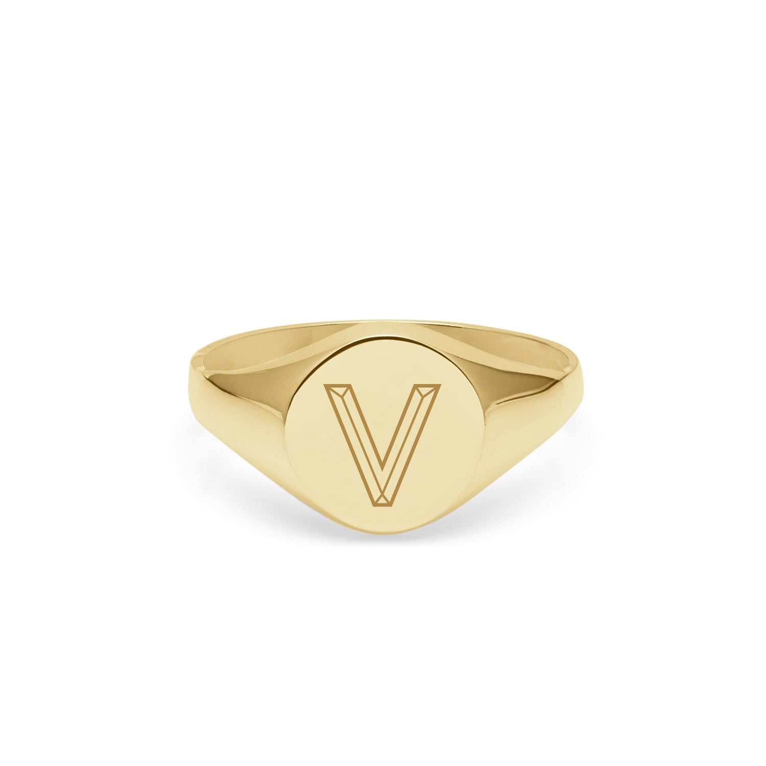 Initial V Facett Round Signet Ring - 9k Yellow Gold