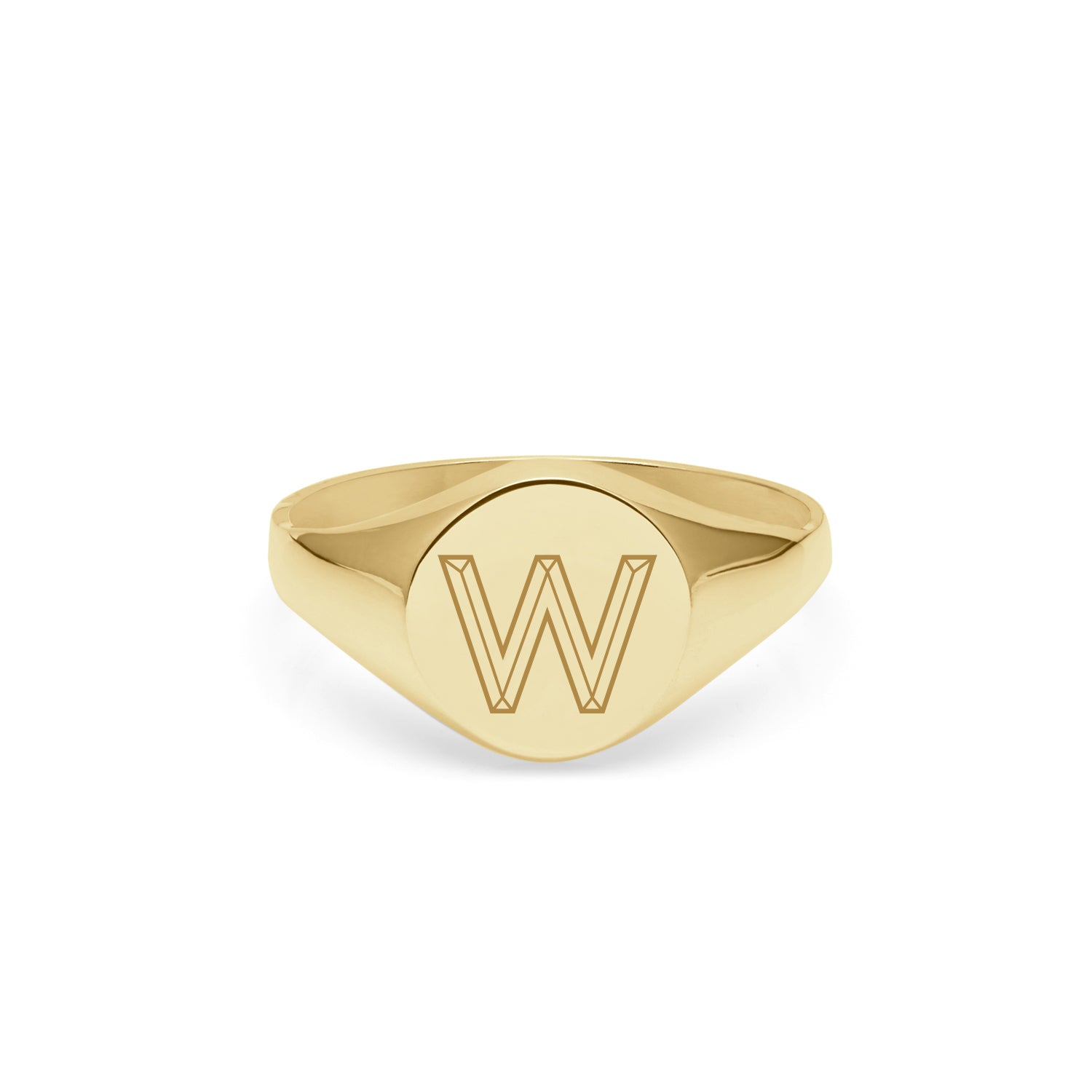 Initial W Facett Round Signet Ring - 9k Yellow Gold