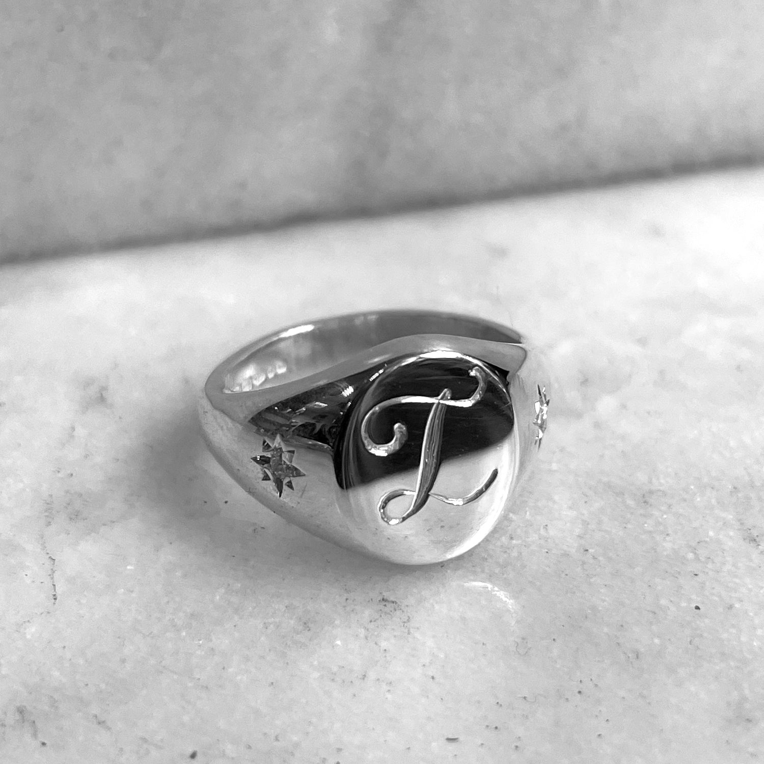 Hand Engraved Initials Oval Signet Ring - Recycled Silver
