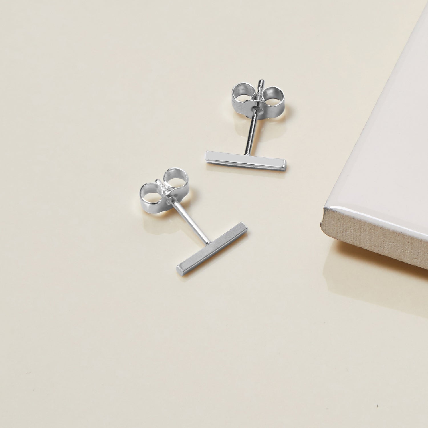 Bar Stud Earrings - 9k White Gold