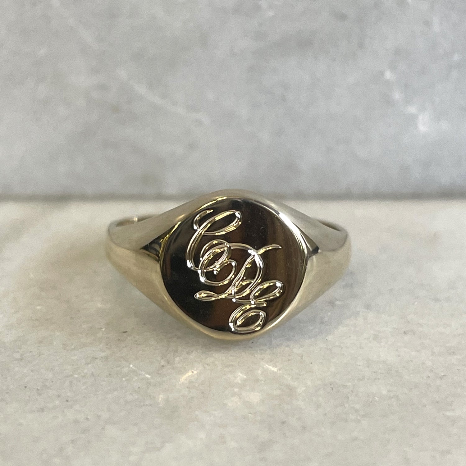 Hand Engraved Letters 9k Yellow Gold Round Signet Ring