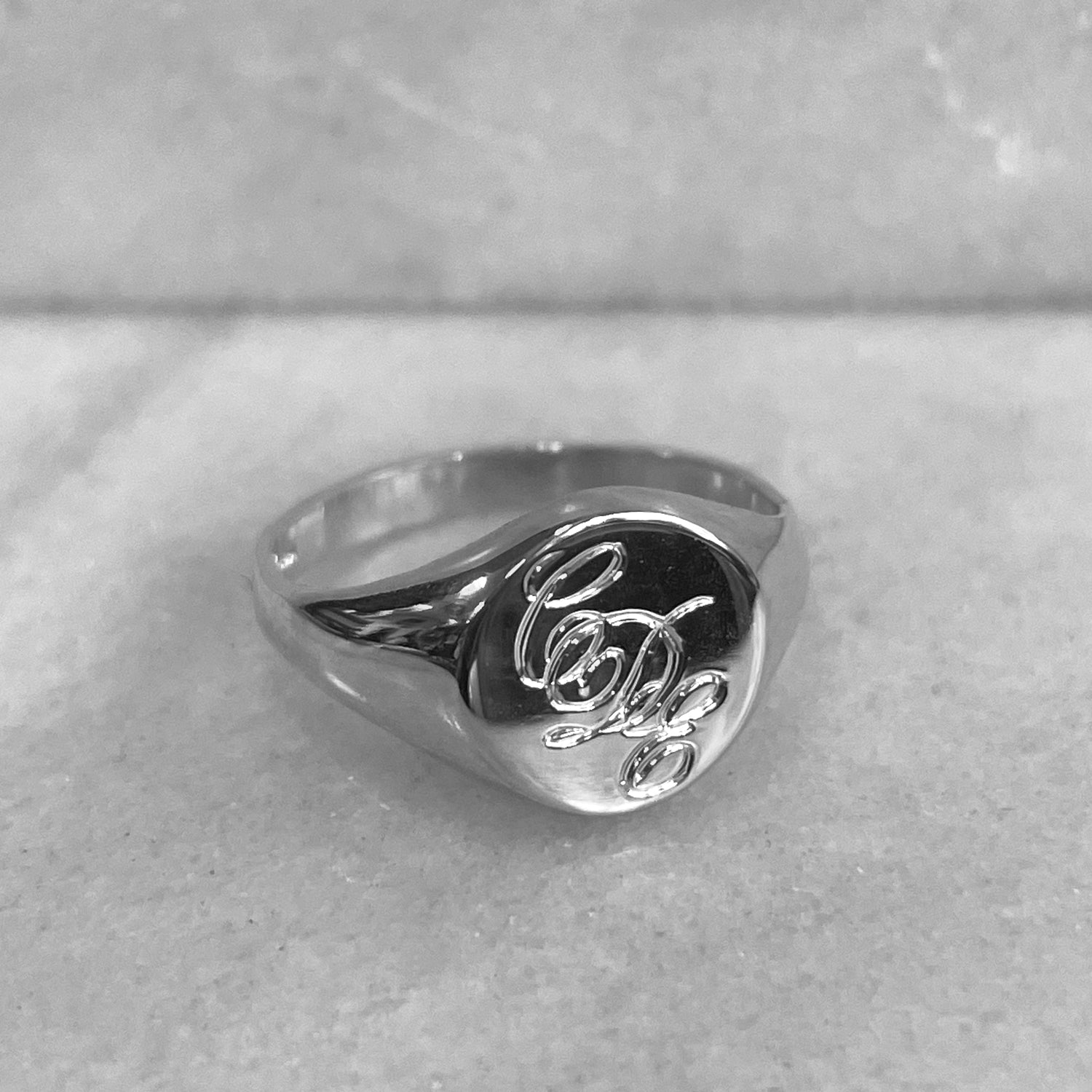 Hand Engraved Initials Round Signet Ring - Recycled Silver