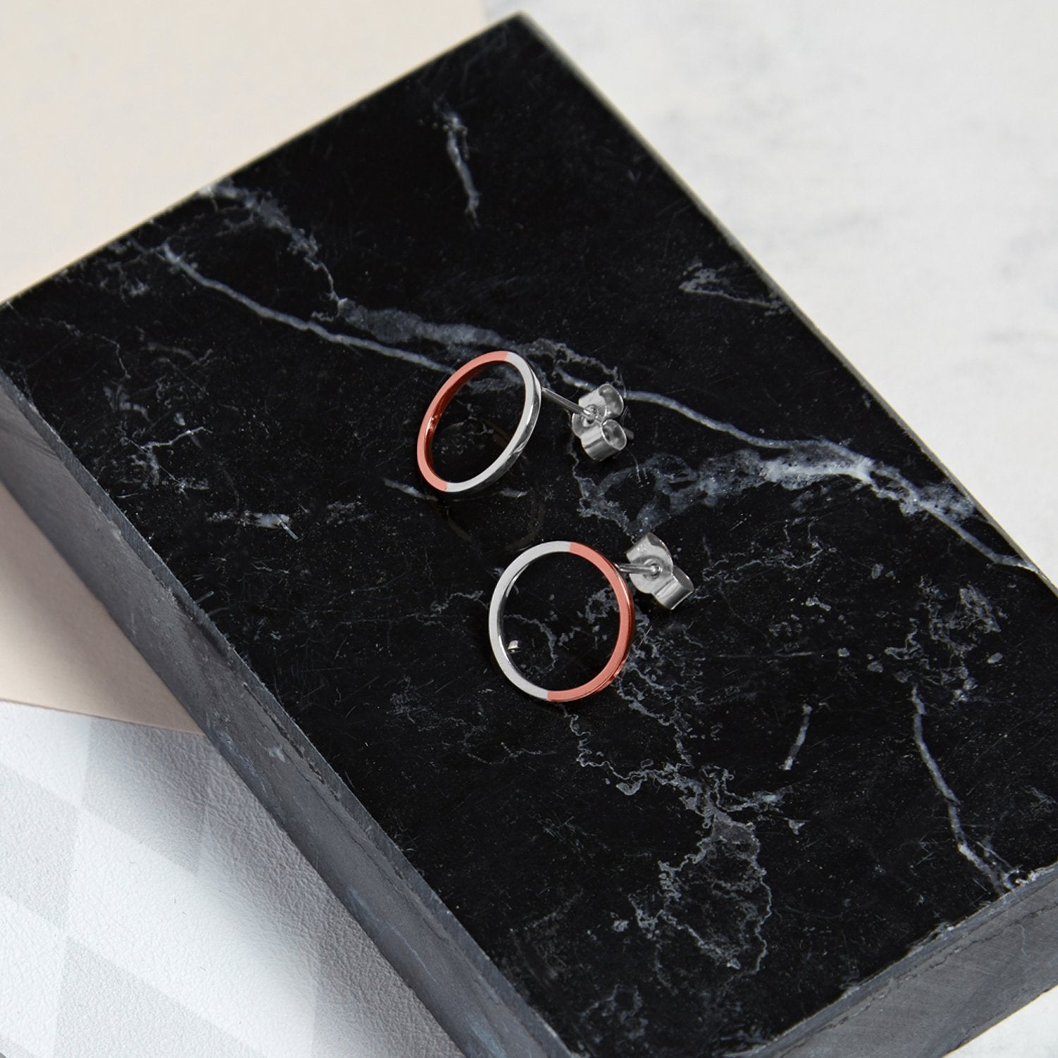 Two-tone Circle Stud Earrings - 9k Rose Gold & Silver - Myia Bonner Jewellery