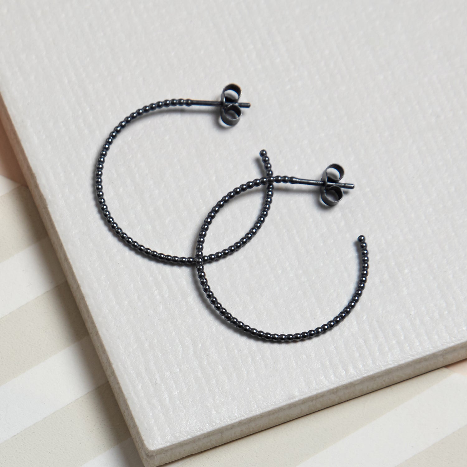 Large Sphere Hoop Stud Earrings - Oxidised Silver