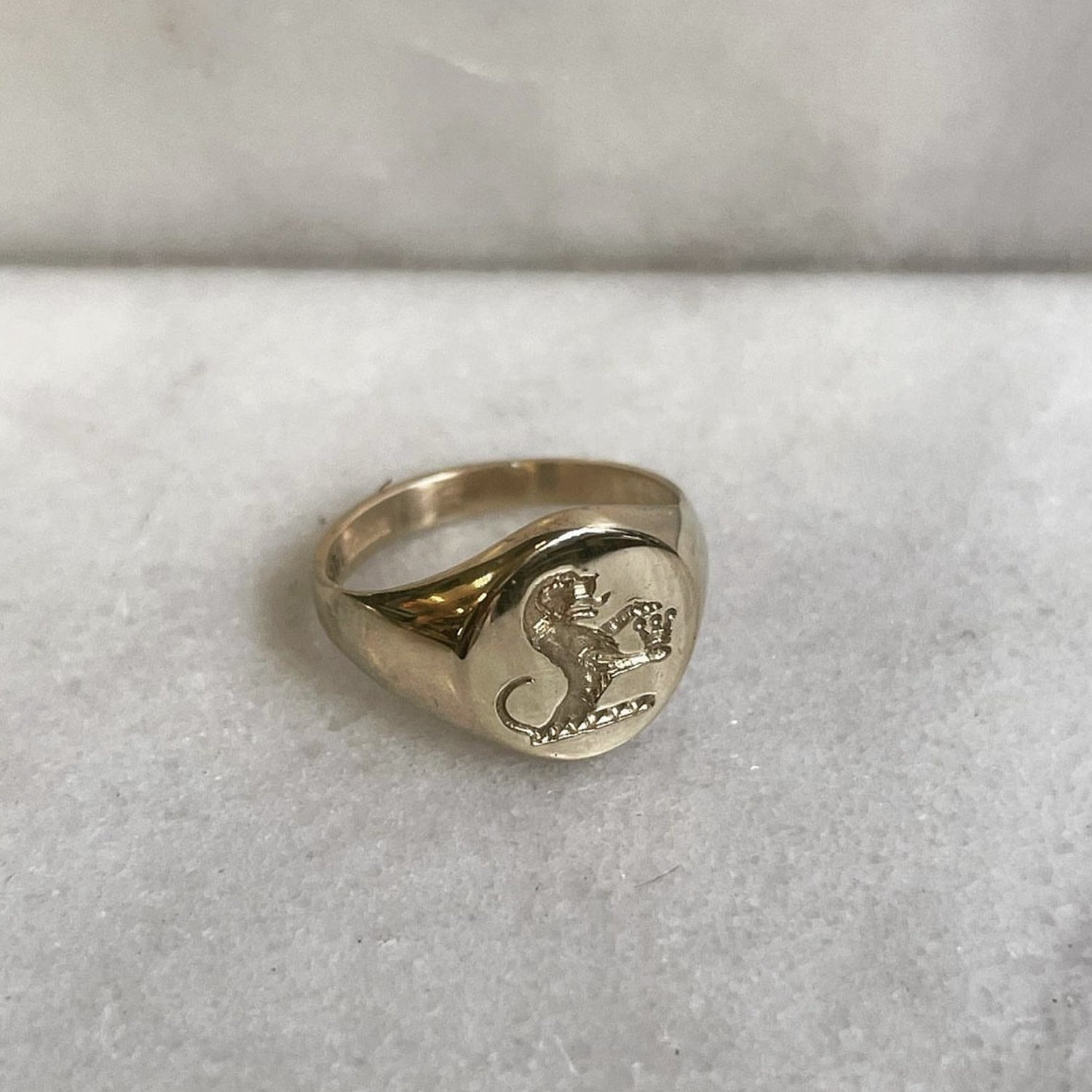 Hand Engraved Crest 9k Yellow Gold Round Signet Ring - From Your Design - 11mm