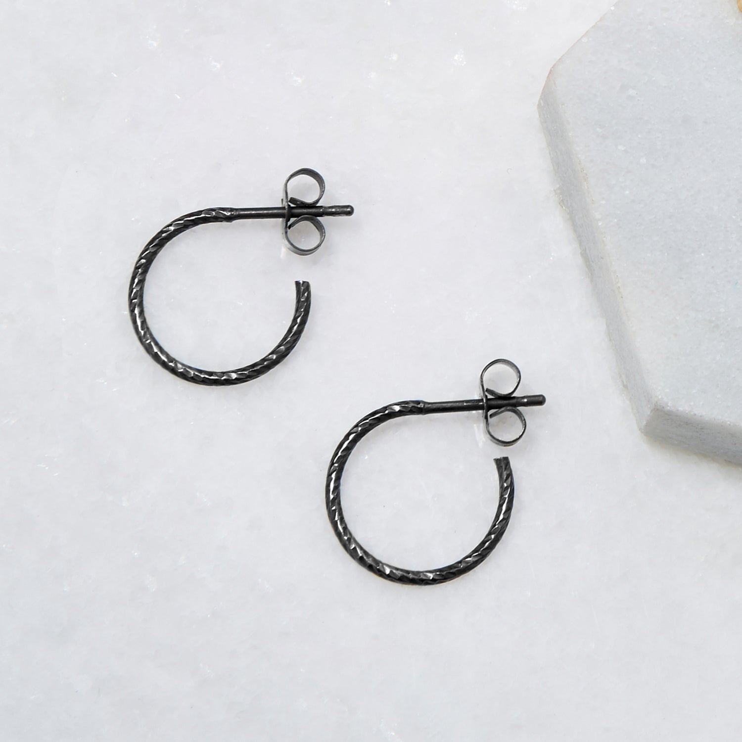 Mini Diamond Hoop Stud Earrings - Oxidised Silver