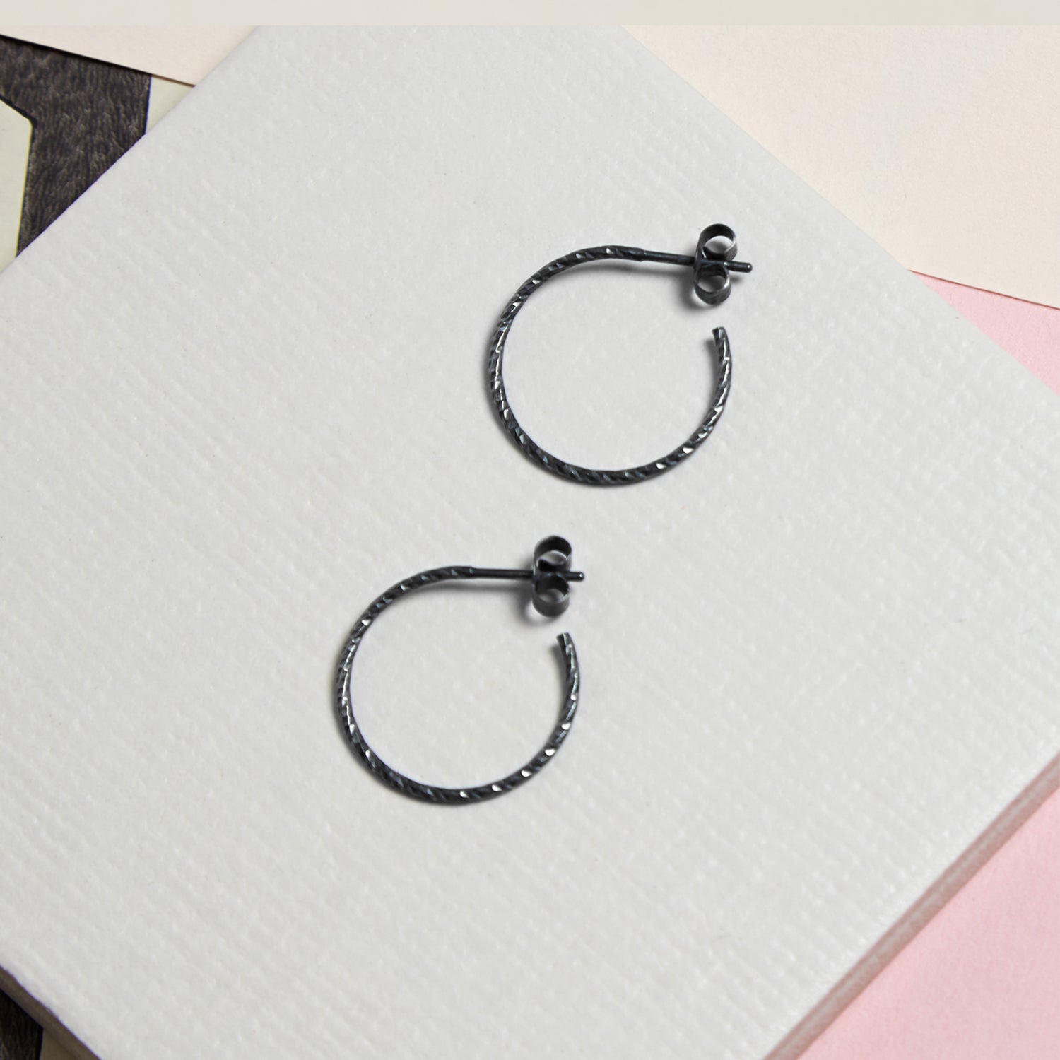 Faceted Hoop Stud Earrings - Oxidised Silver