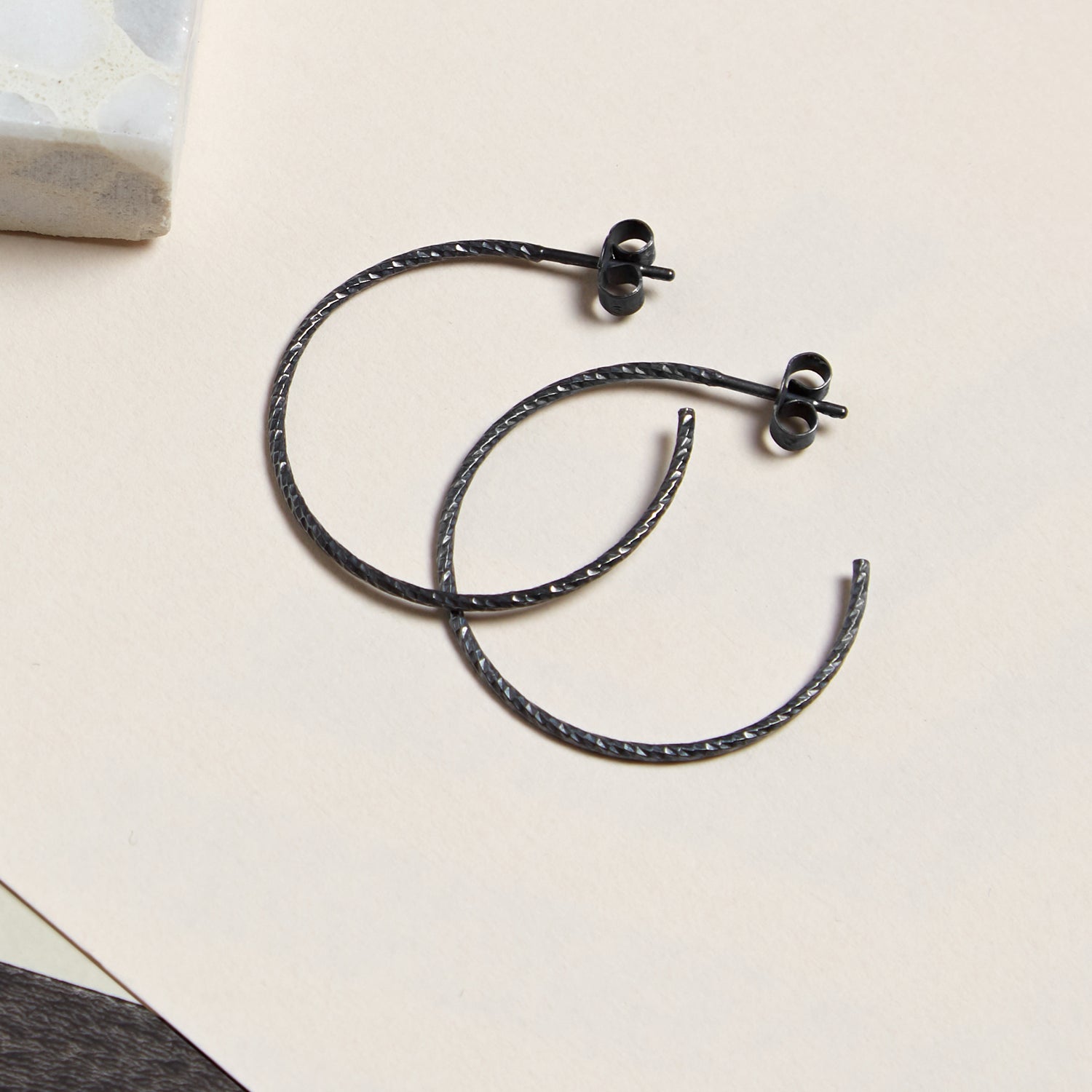 Large Diamond Hoop Stud Earrings - Oxidised Silver