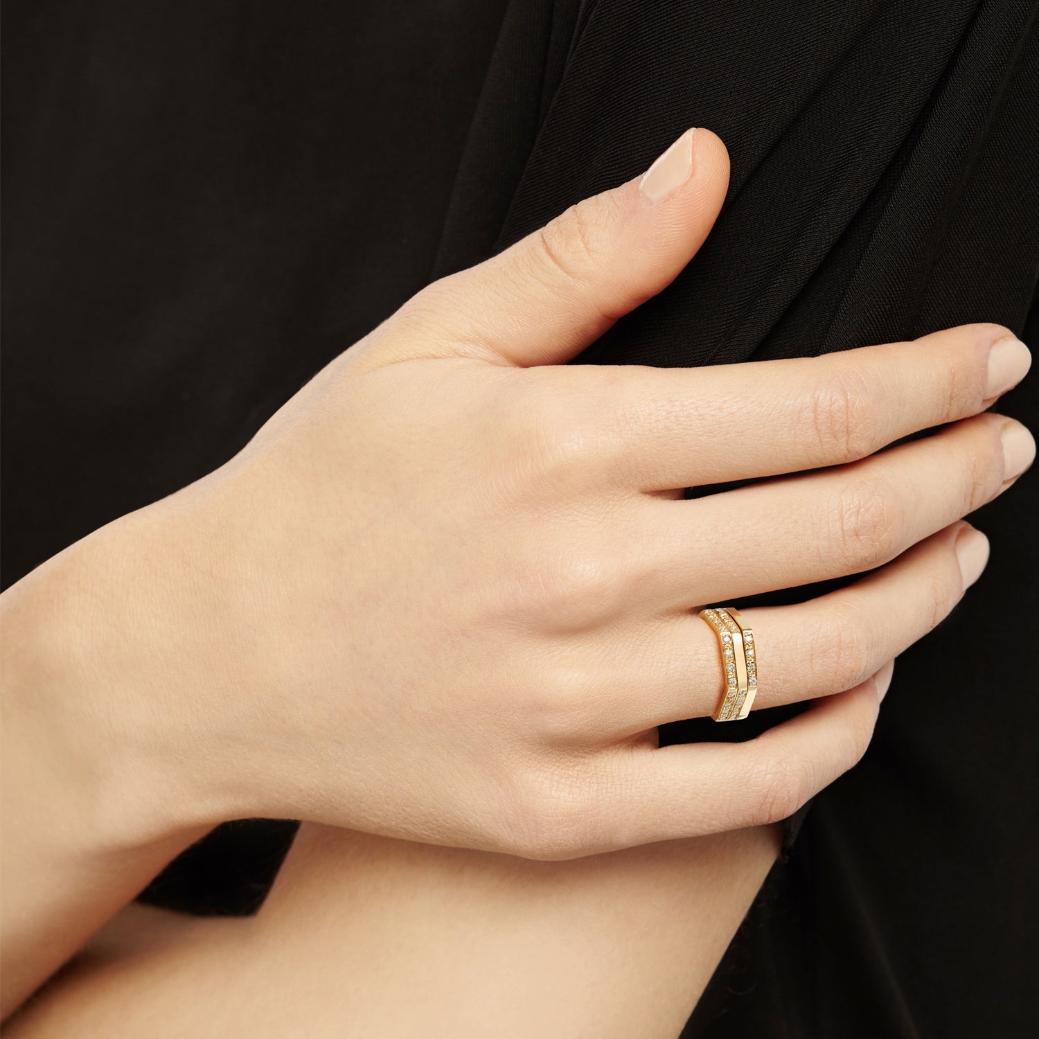 Hexagon Ring with Diamonds / 2 Sides - 18k Yellow Gold