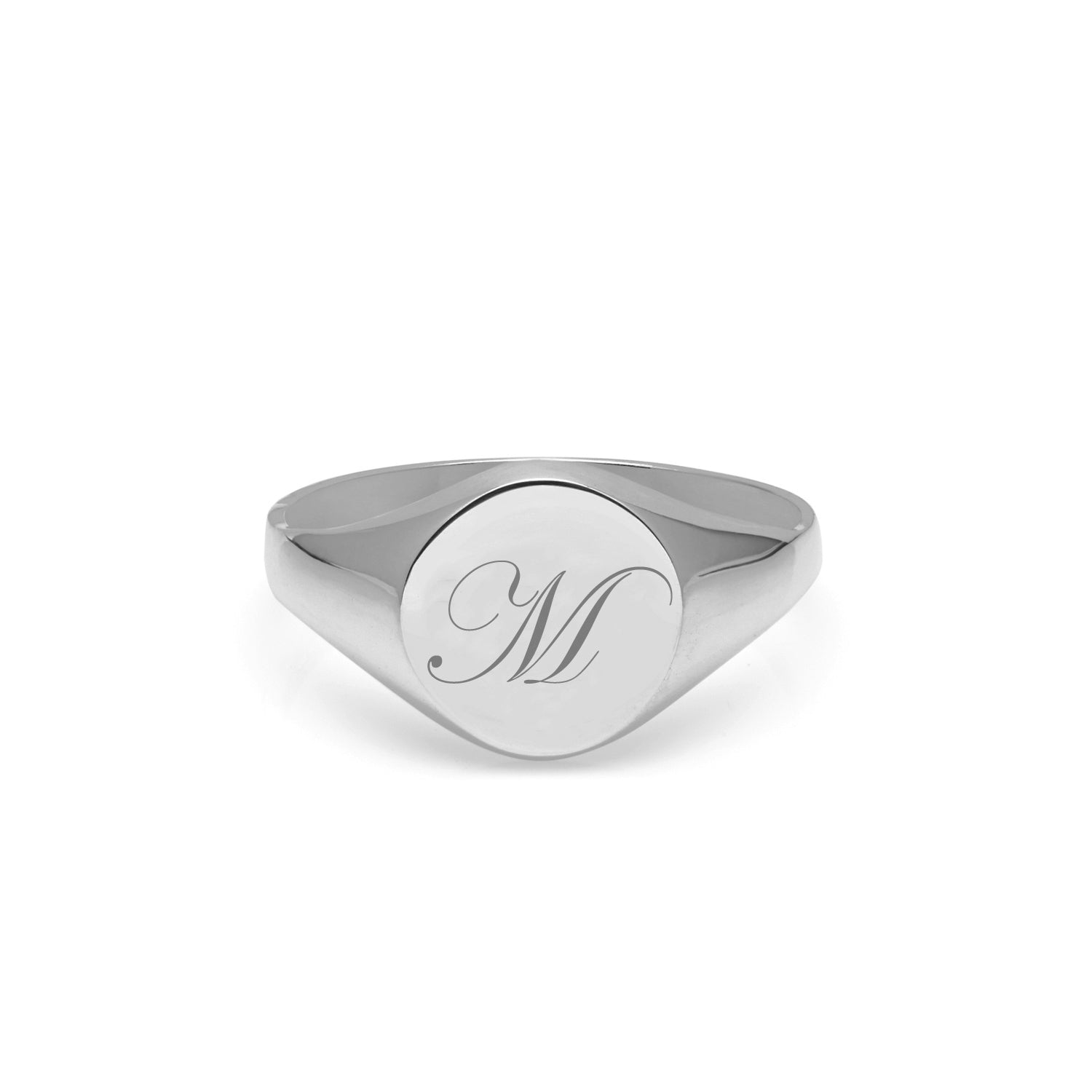 Single Initial Script Round Signet Ring - 18k White Gold