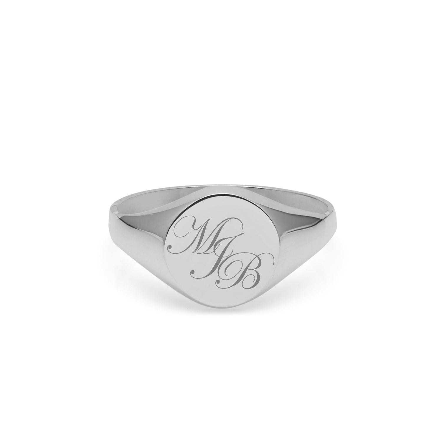 Triple Initial Script Round Signet Ring - 18k White Gold