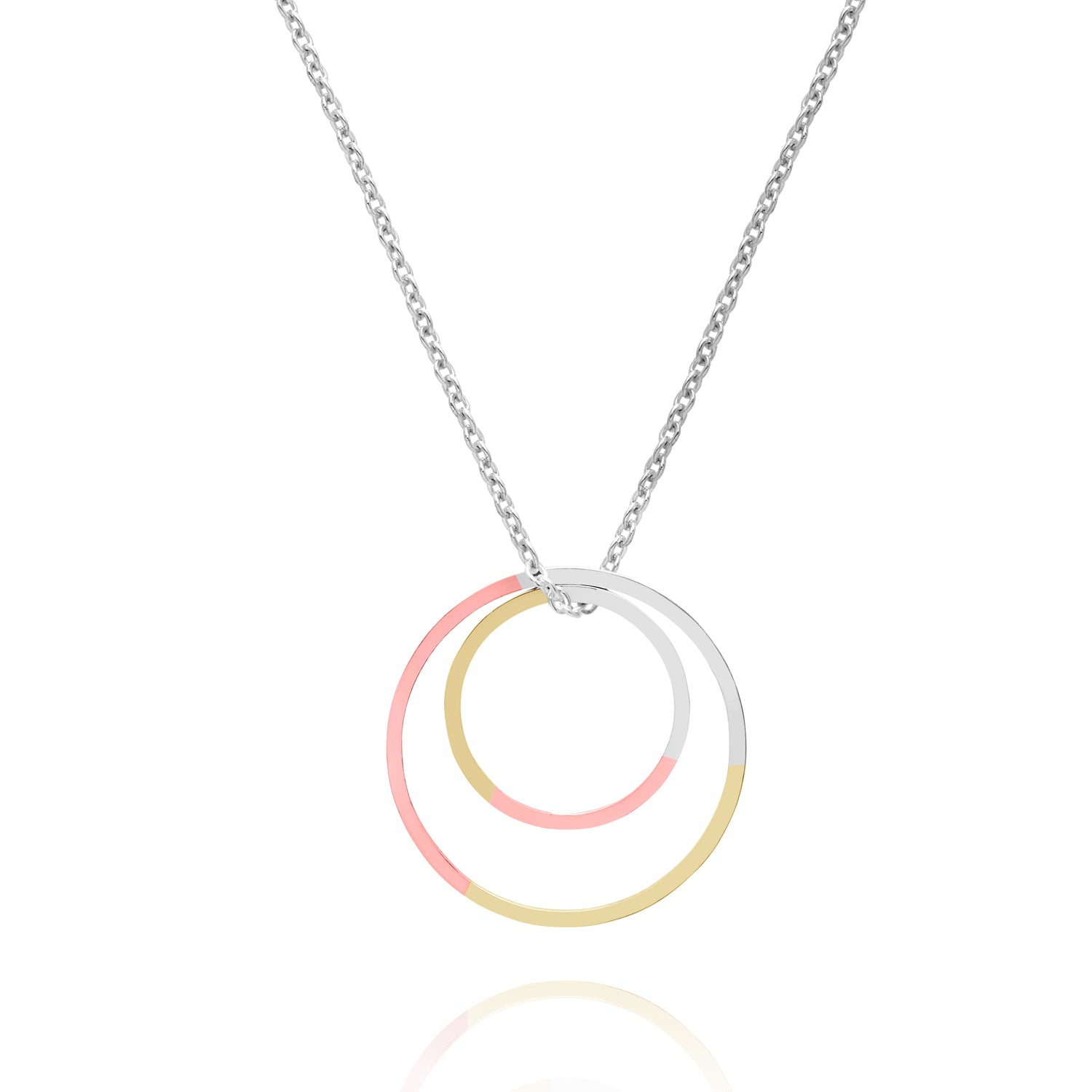 Three-Tone Double Circle Necklace - 9k Yellow & Rose Gold & Silver