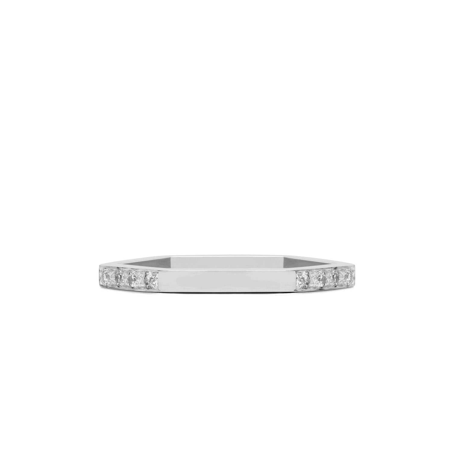 Hexagon Ring with Diamonds / 2 Sides - 18k White Gold