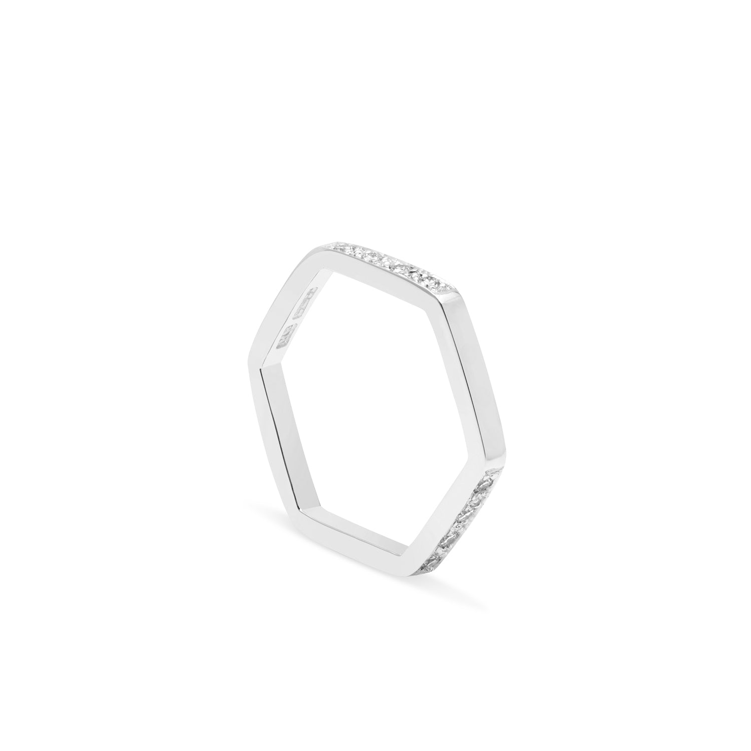 Hexagon Ring  with Diamonds / 2 Sides - 9k White Gold