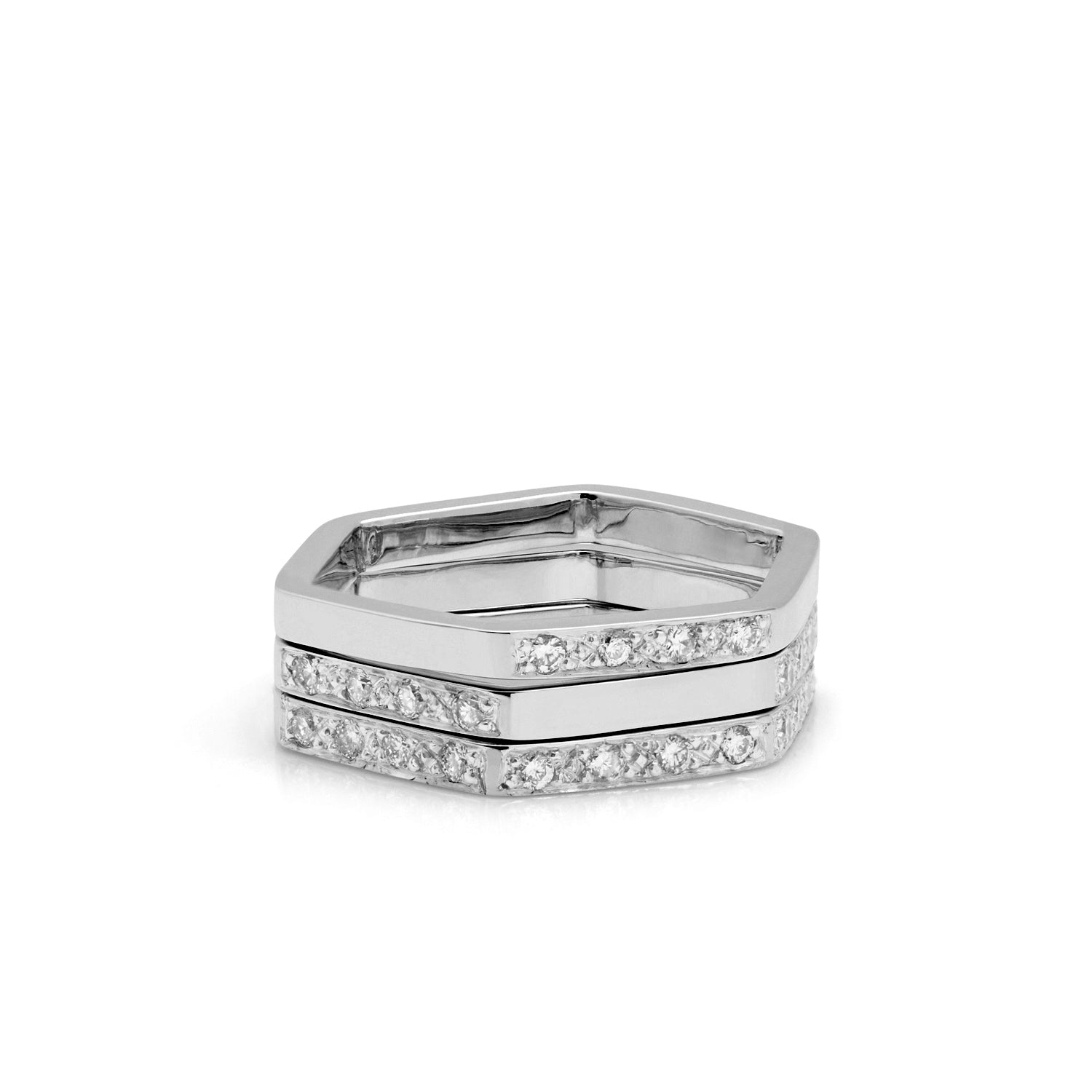 Hexagon Stack of 3 Rings with Diamonds - 18k White Gold