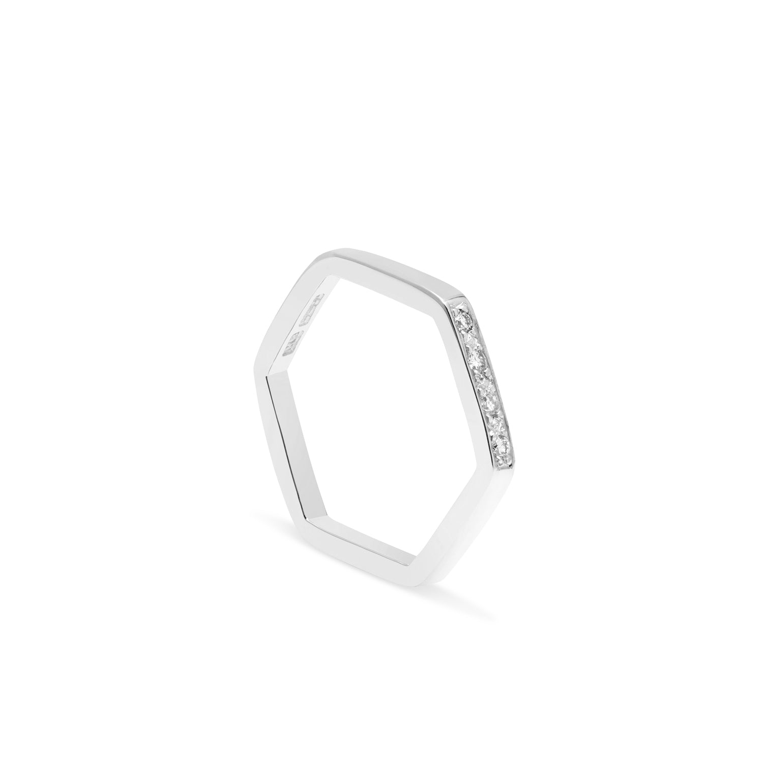 Hexagon Ring with Diamonds / 1 Side - 9k White Gold