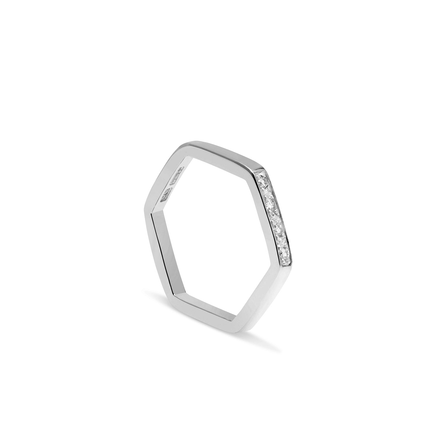 Hexagon Ring with Diamonds / 1 Side - 18k White Gold