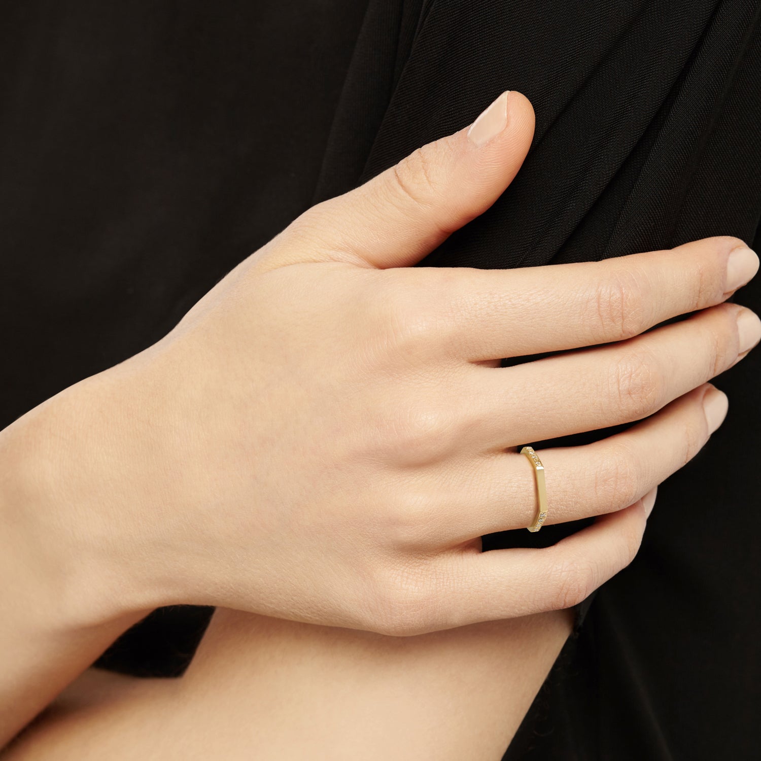 Hexagon Ring with Diamonds / 2 Sides - 9k Yellow Gold