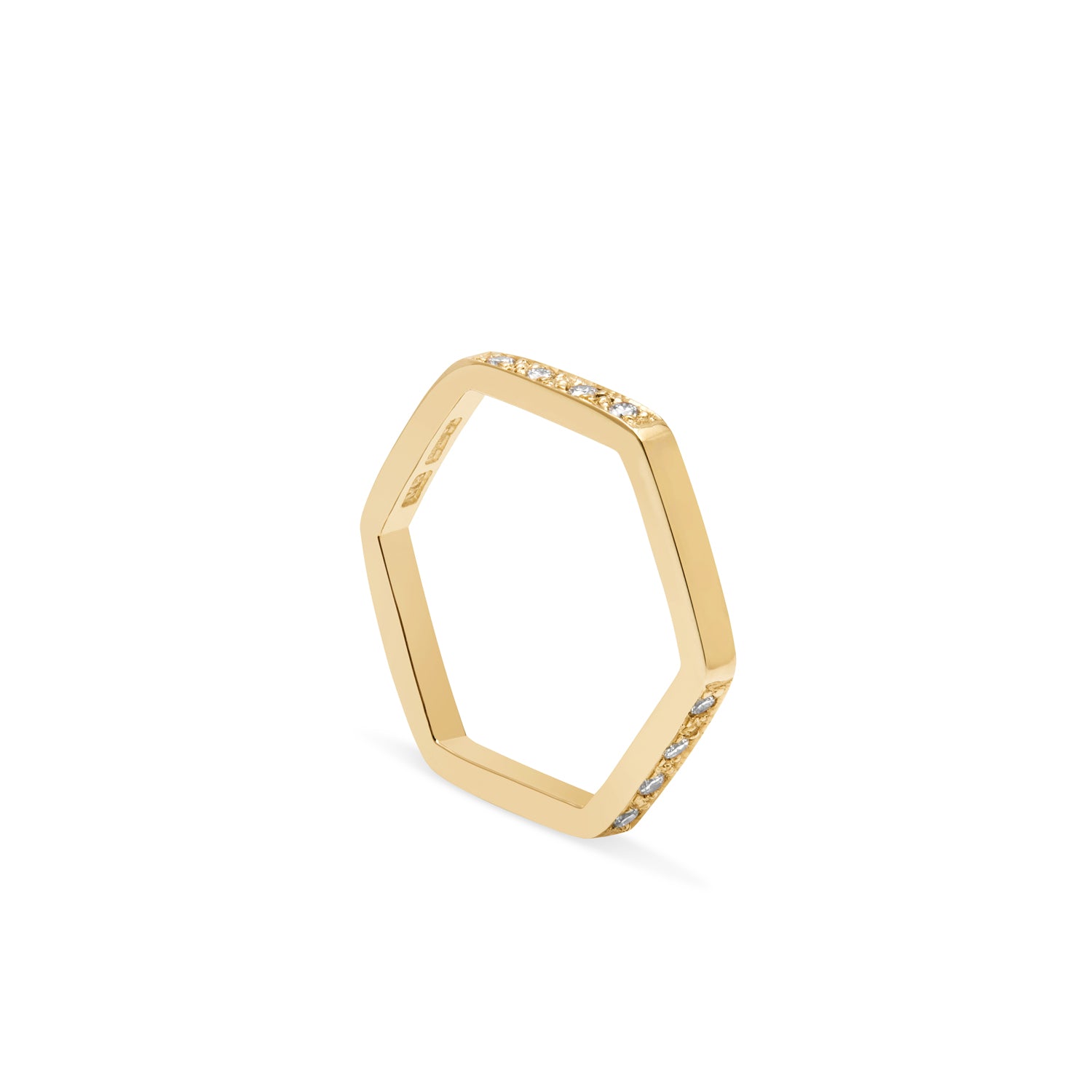 Hexagon Ring with Diamonds / 2 Sides - 9k Yellow Gold