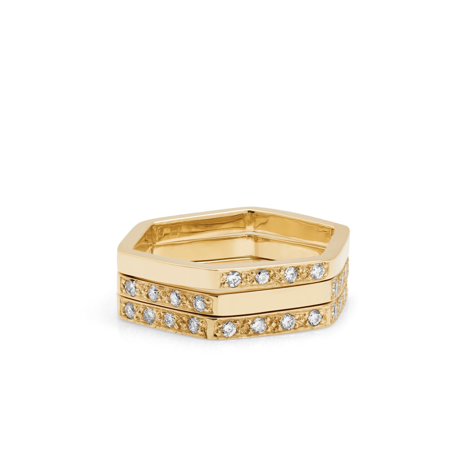 Hexagon Stack of 3 Rings with Diamonds - 9k Yellow Gold