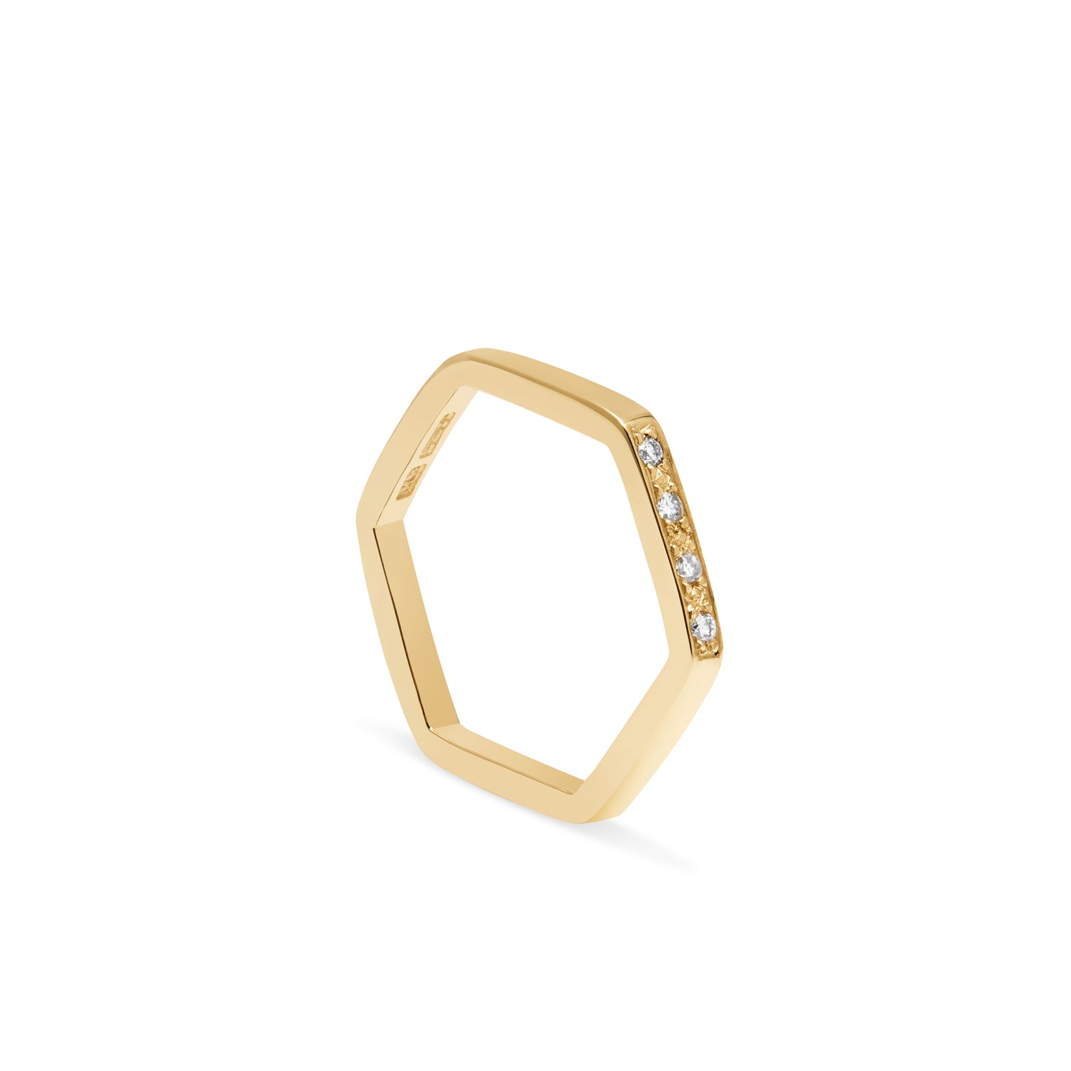 Hexagon Ring with Diamonds / 1 Side - 18k Yellow Gold
