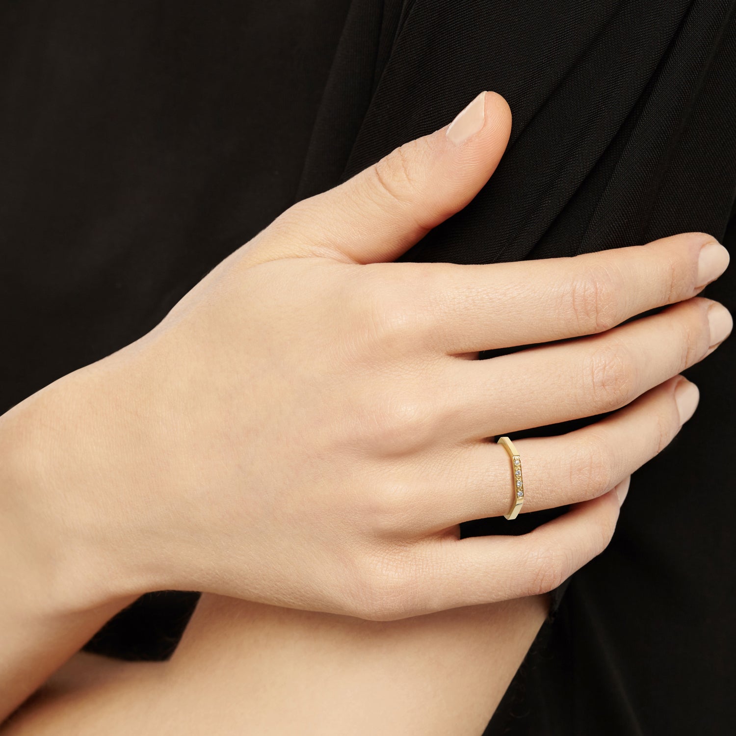 Hexagon Ring with Diamonds / 1 Side - 18k Yellow Gold