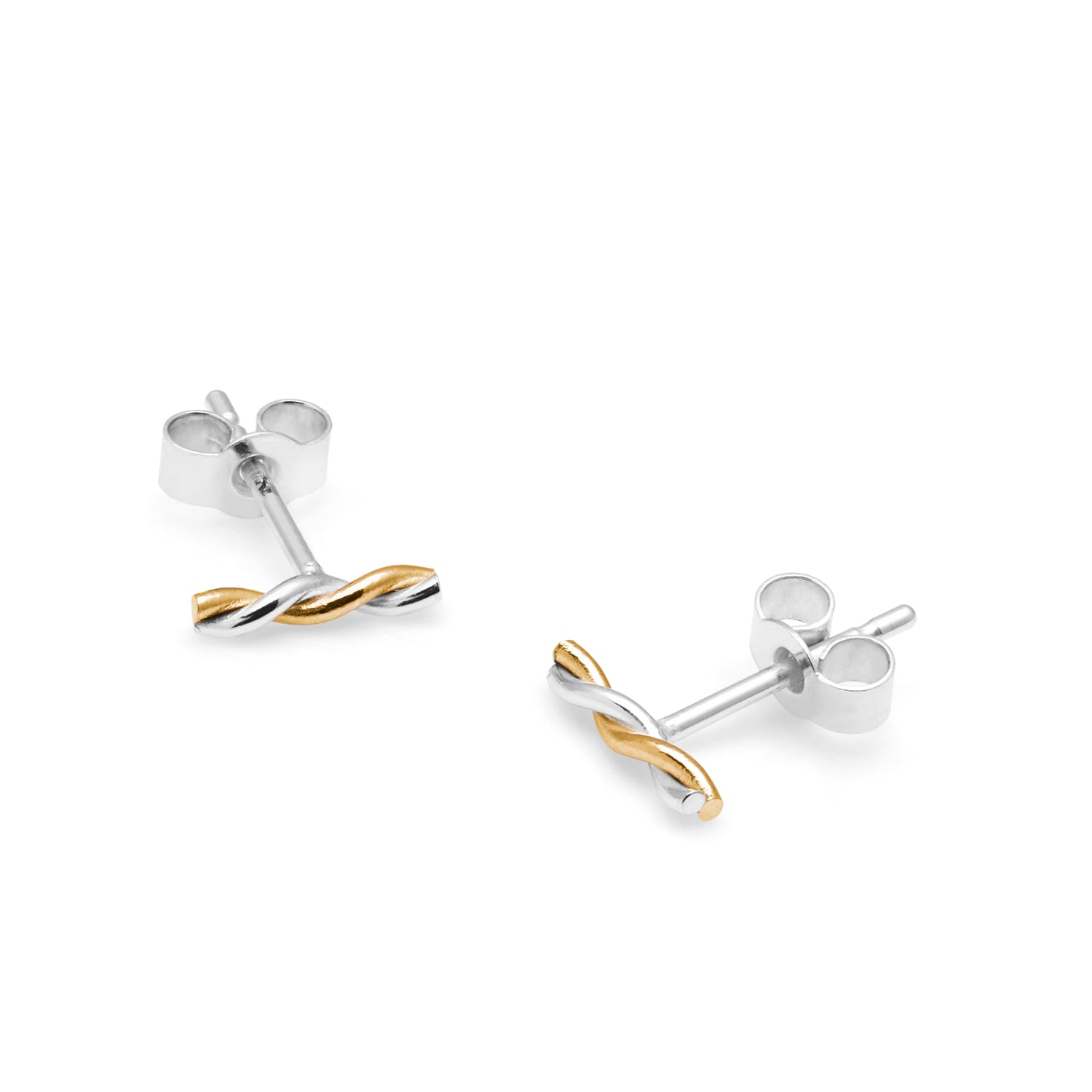 Mini Two-Tone Twisted Bar Stud Earrings - 9k Yellow Gold & Silver