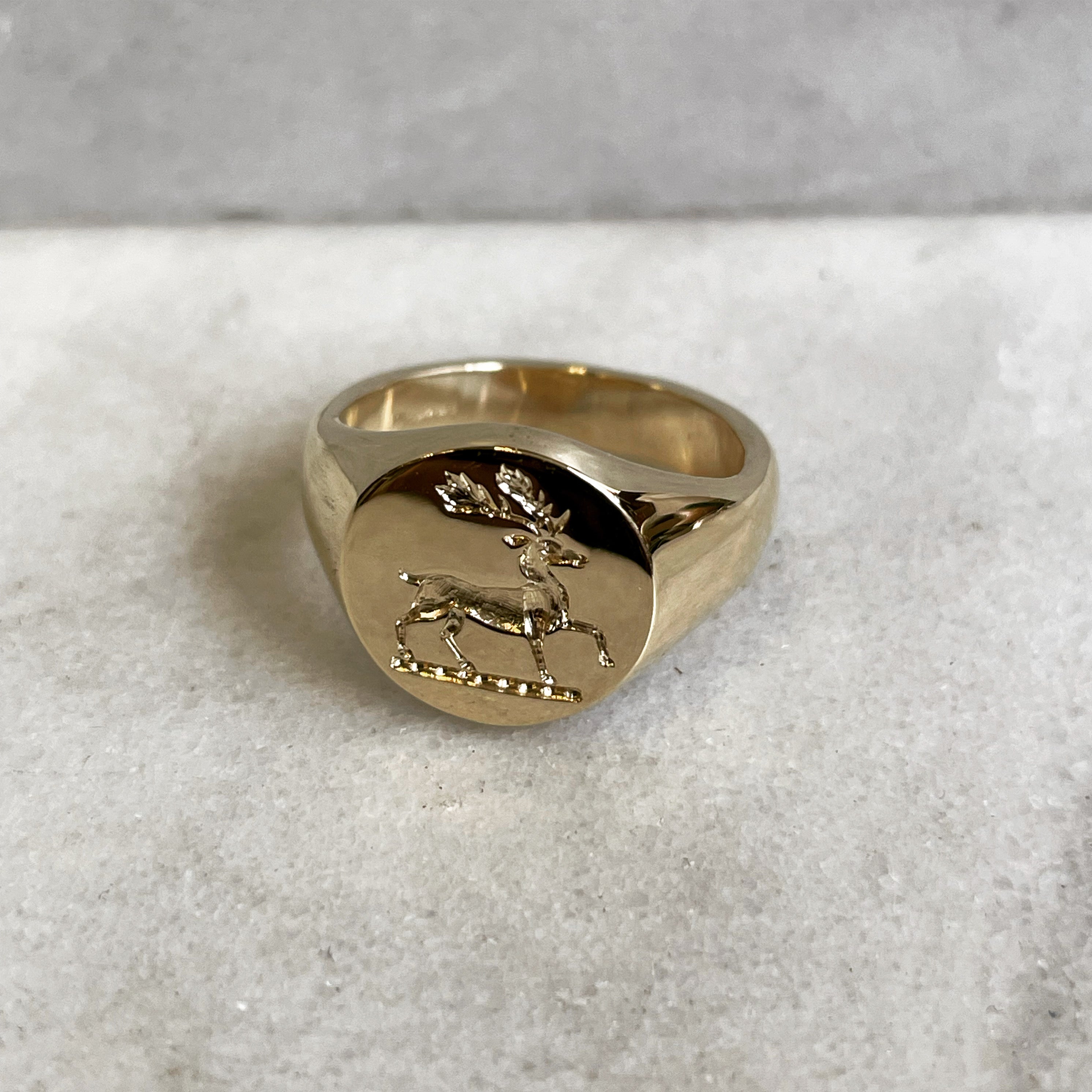 Hand Engraved Crest 18k Yellow Gold Round Signet Ring - From Your Design - 11mm
