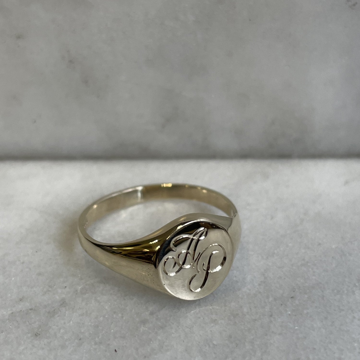 Hand Engraved Letters 9k Yellow Gold Round Signet Ring - 11mm