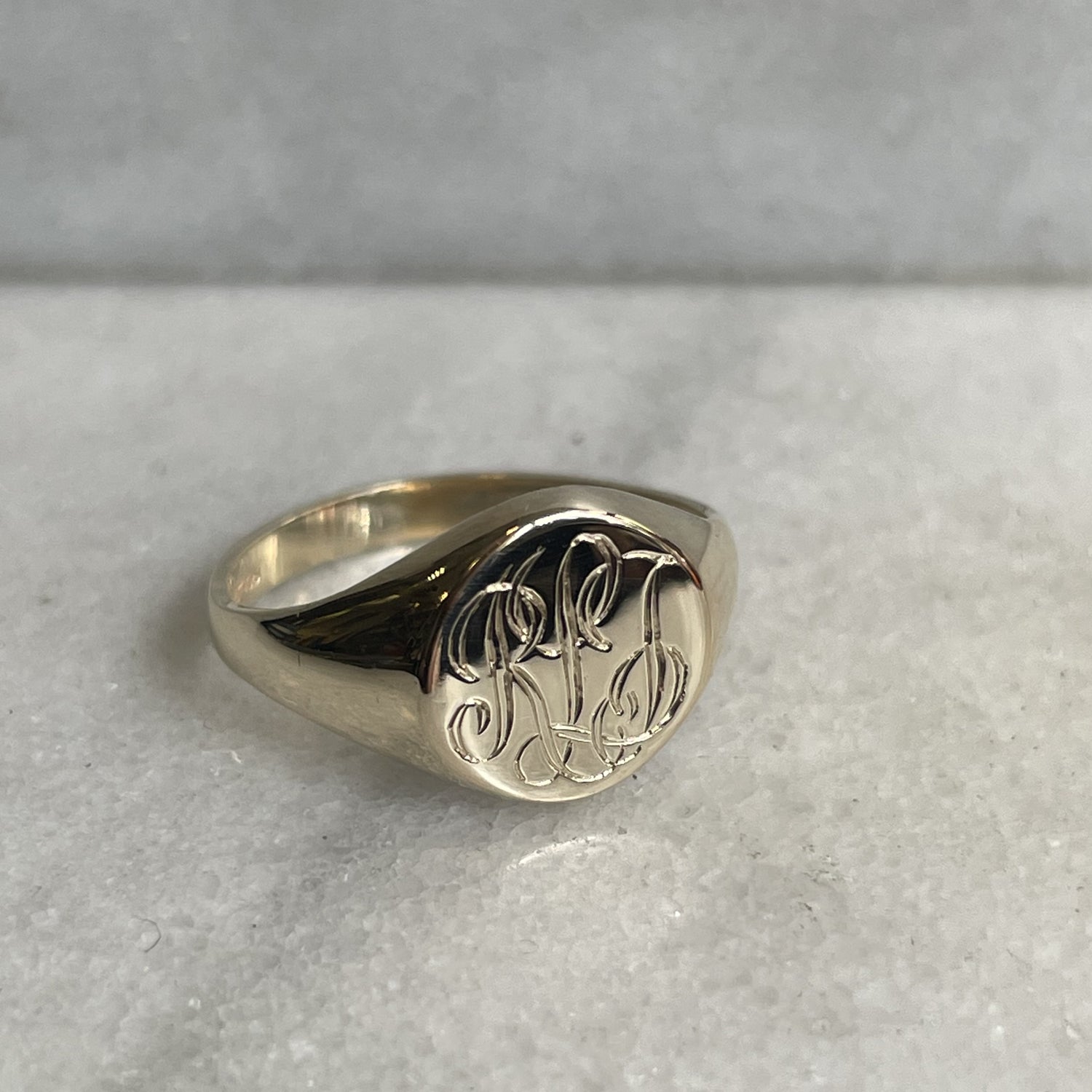 Hand Engraved Letters 9k Yellow Gold Round Signet Ring - 11mm