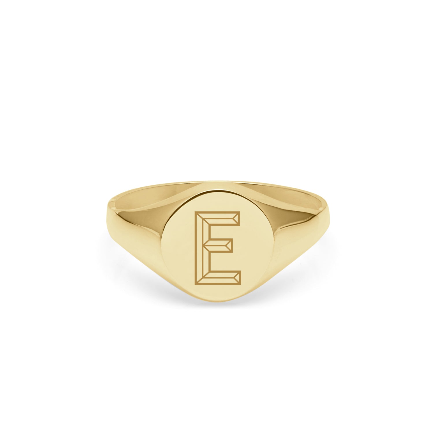 Initial E Facett Round Signet Ring - 9k Yellow Gold