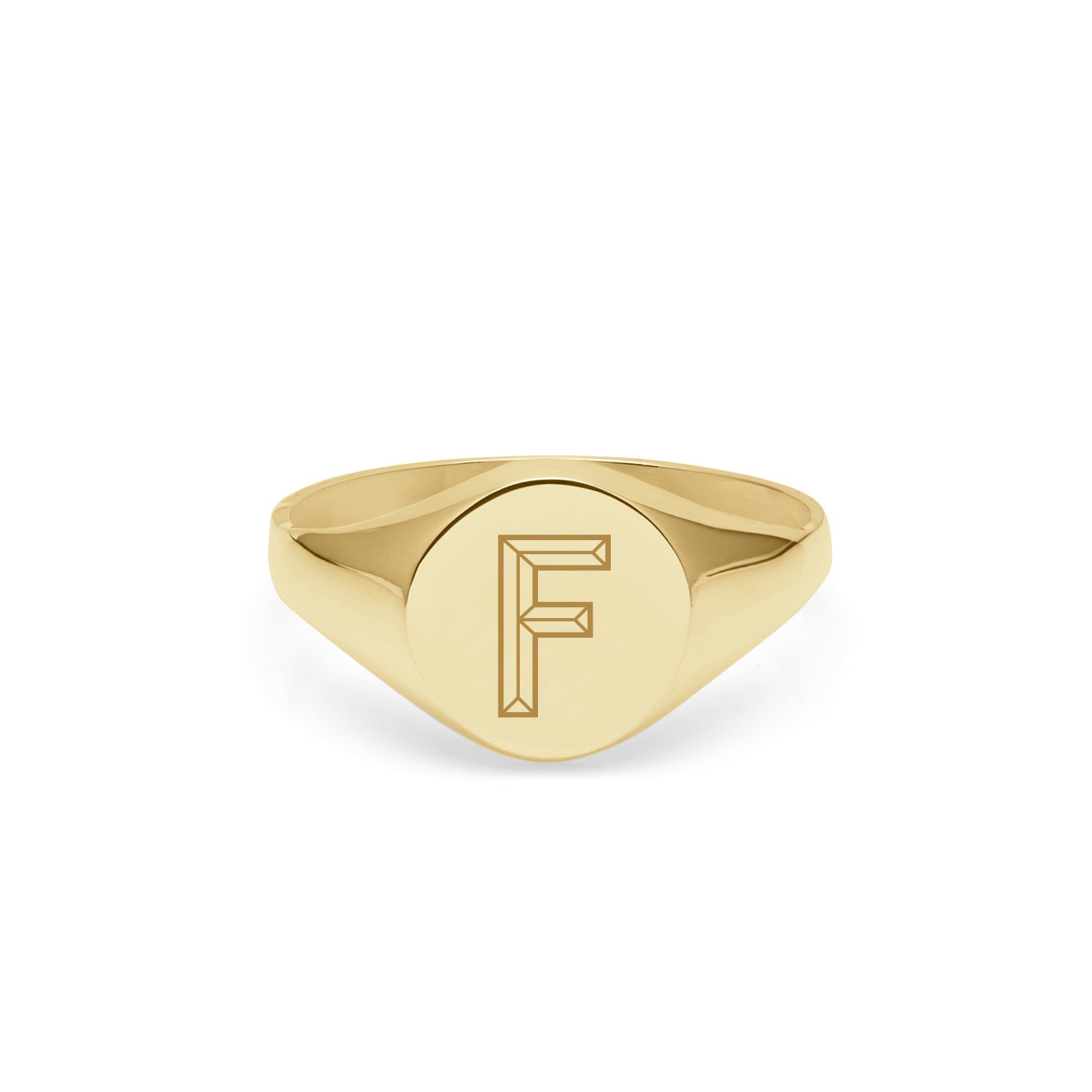 Initial F Facett Round Signet Ring - 9k Yellow Gold