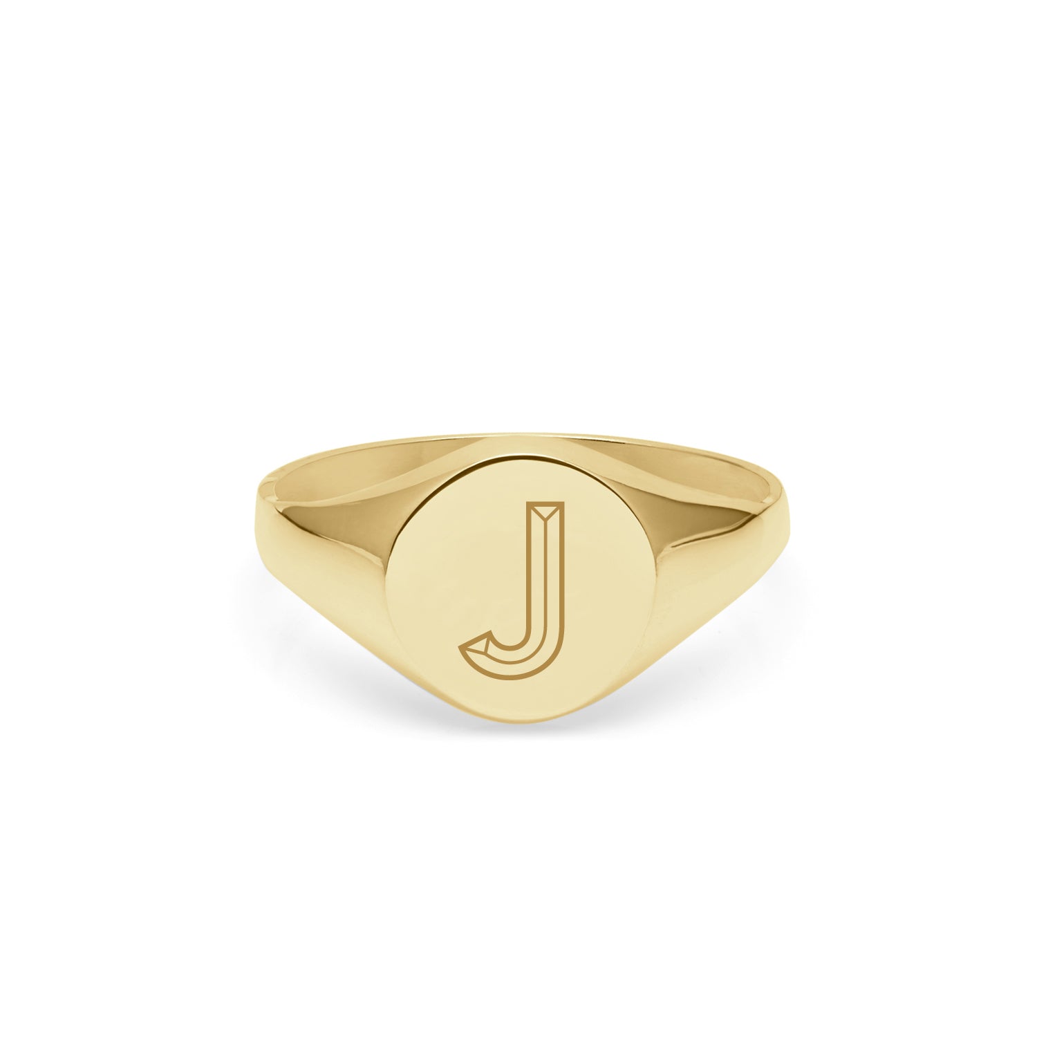 Initial J Facett Round Signet Ring - 9k Yellow Gold