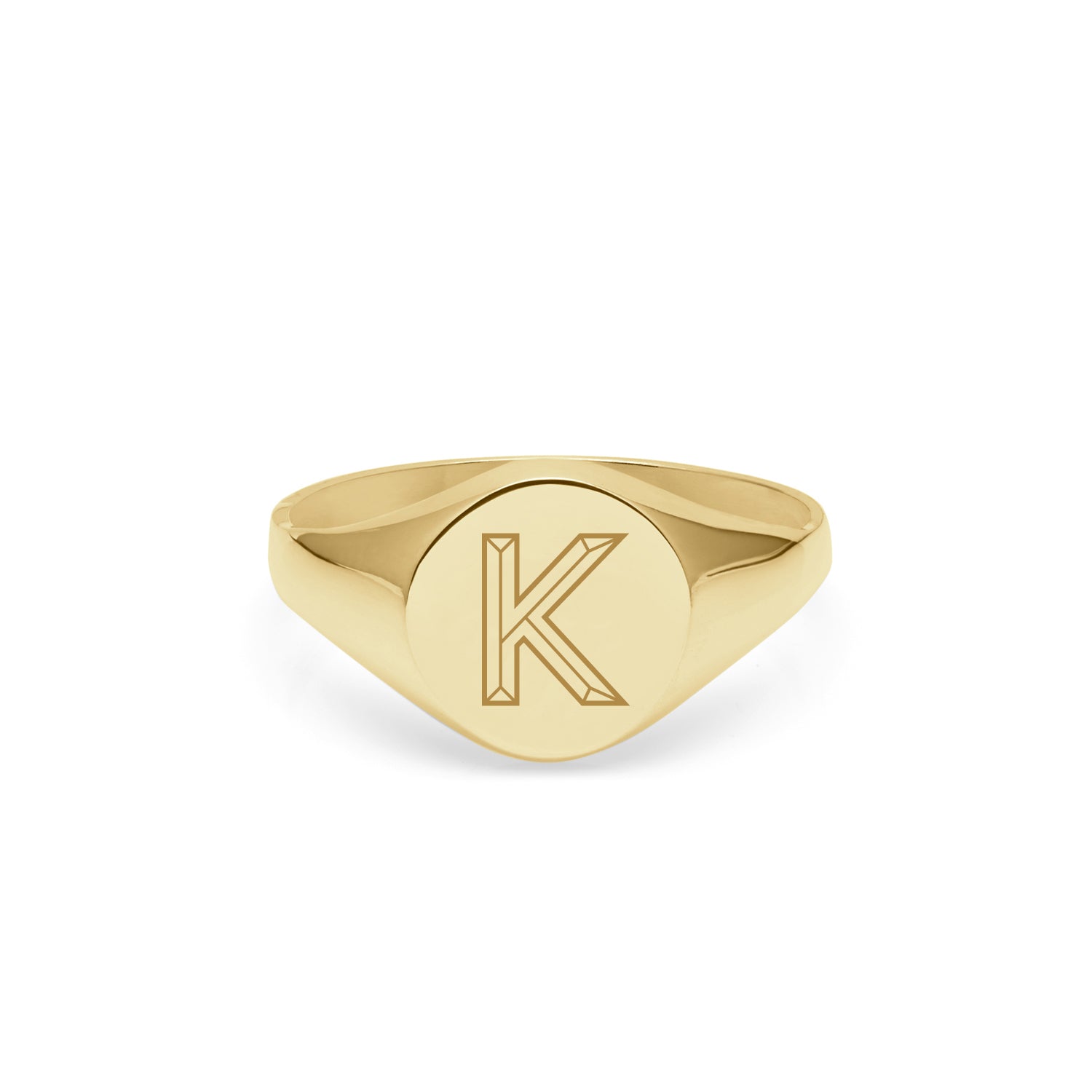 Initial K Facett Round Signet Ring - 9k Yellow Gold