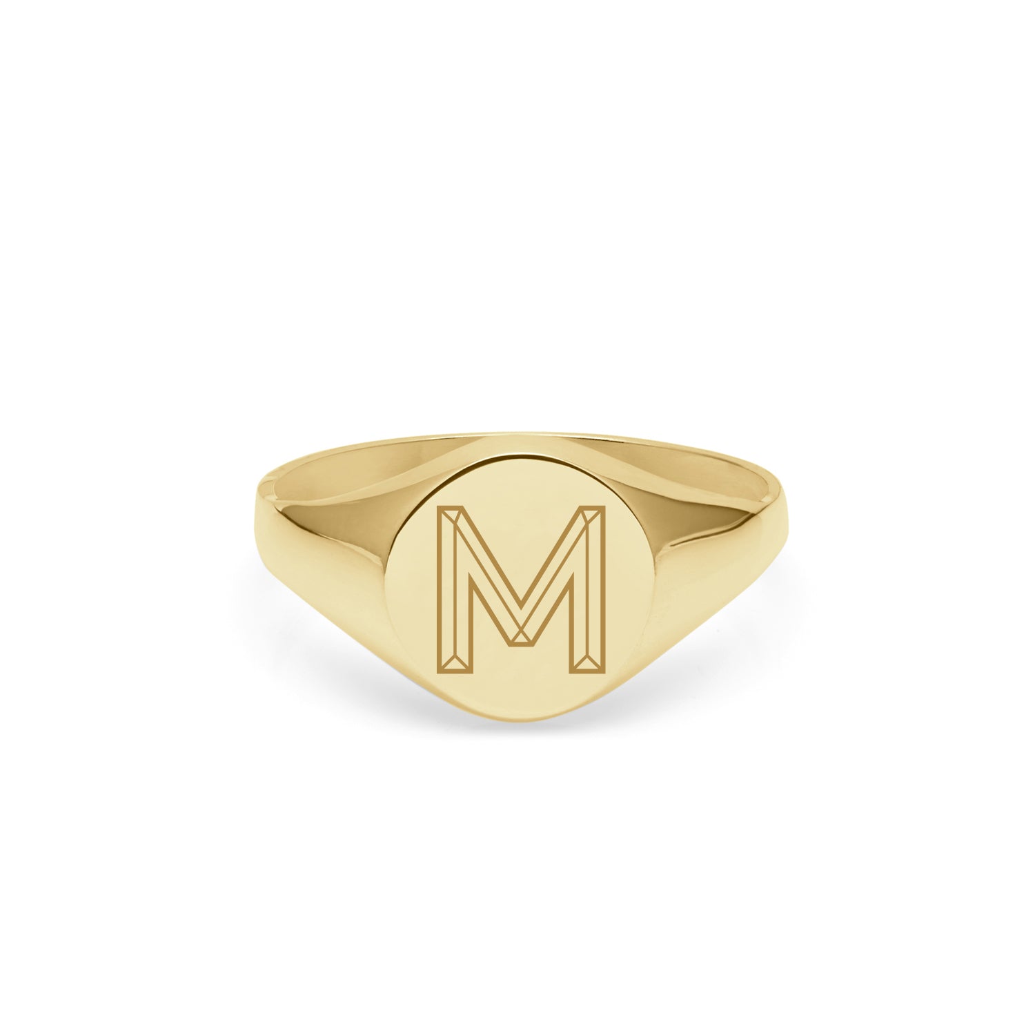 Initial M Facett Round Signet Ring - 9k Yellow Gold