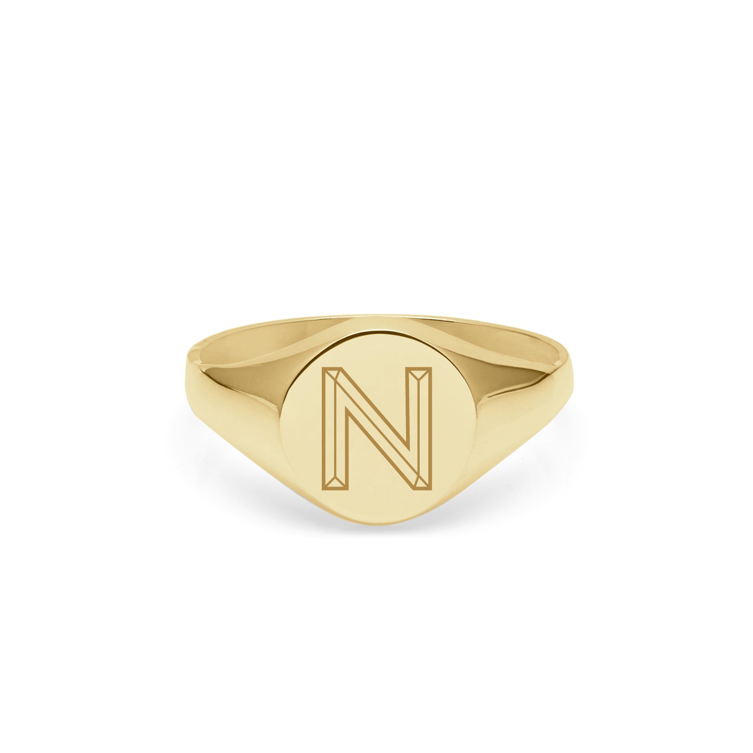 Initial N Facett Round Signet Ring - 9k Yellow Gold