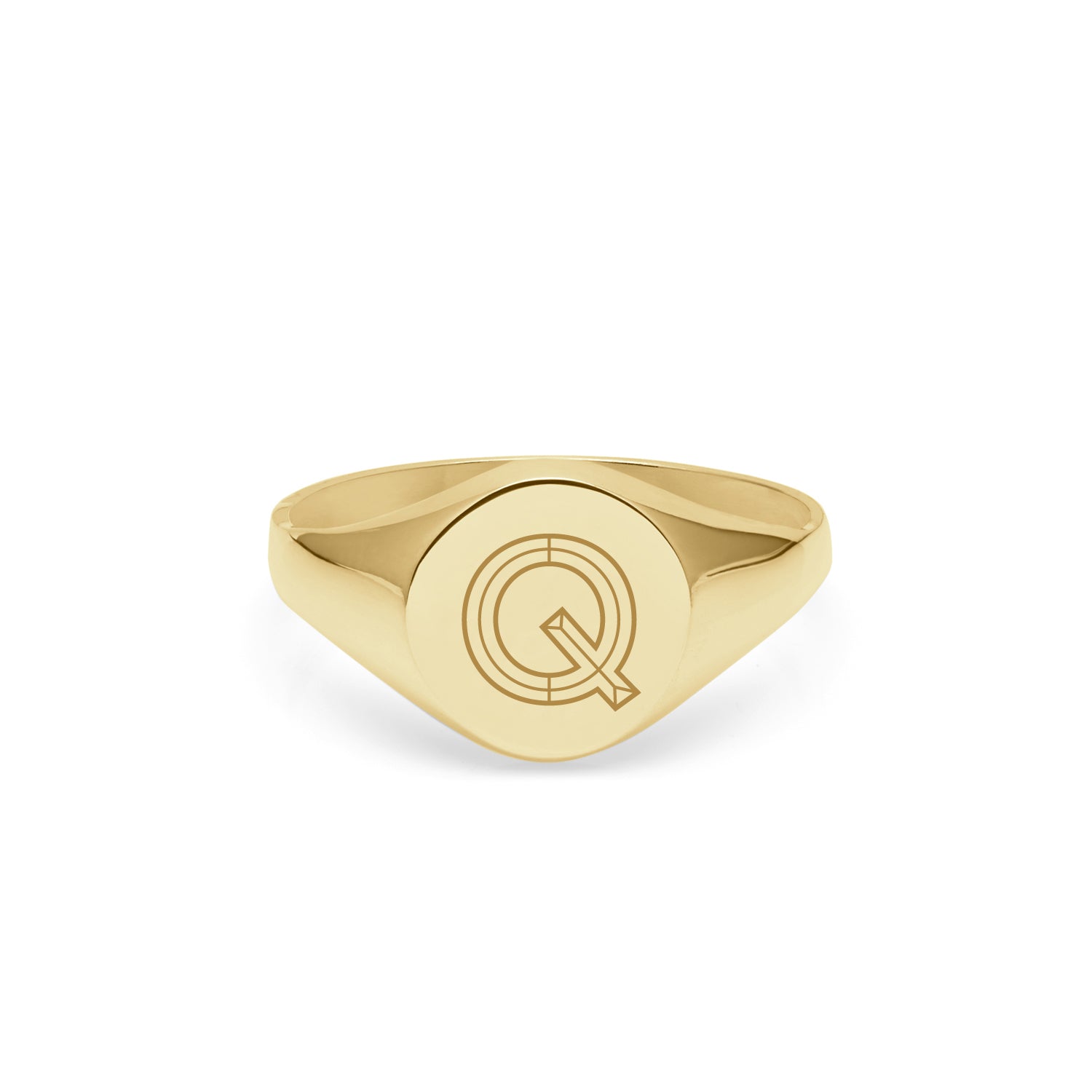 Initial Q Facett Round Signet Ring - 9k Yellow Gold