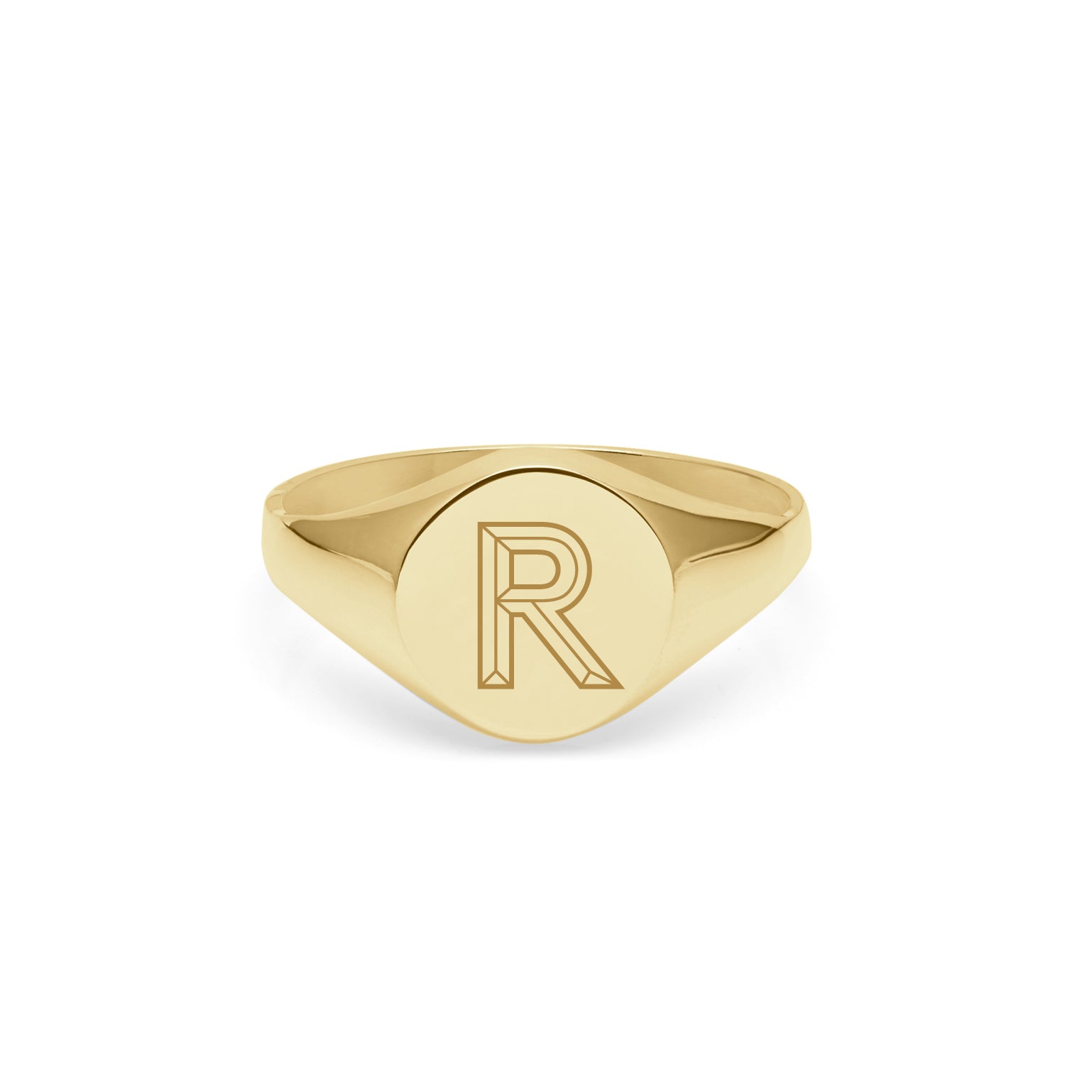 Initial R Facett Round Signet Ring - 9k Yellow Gold