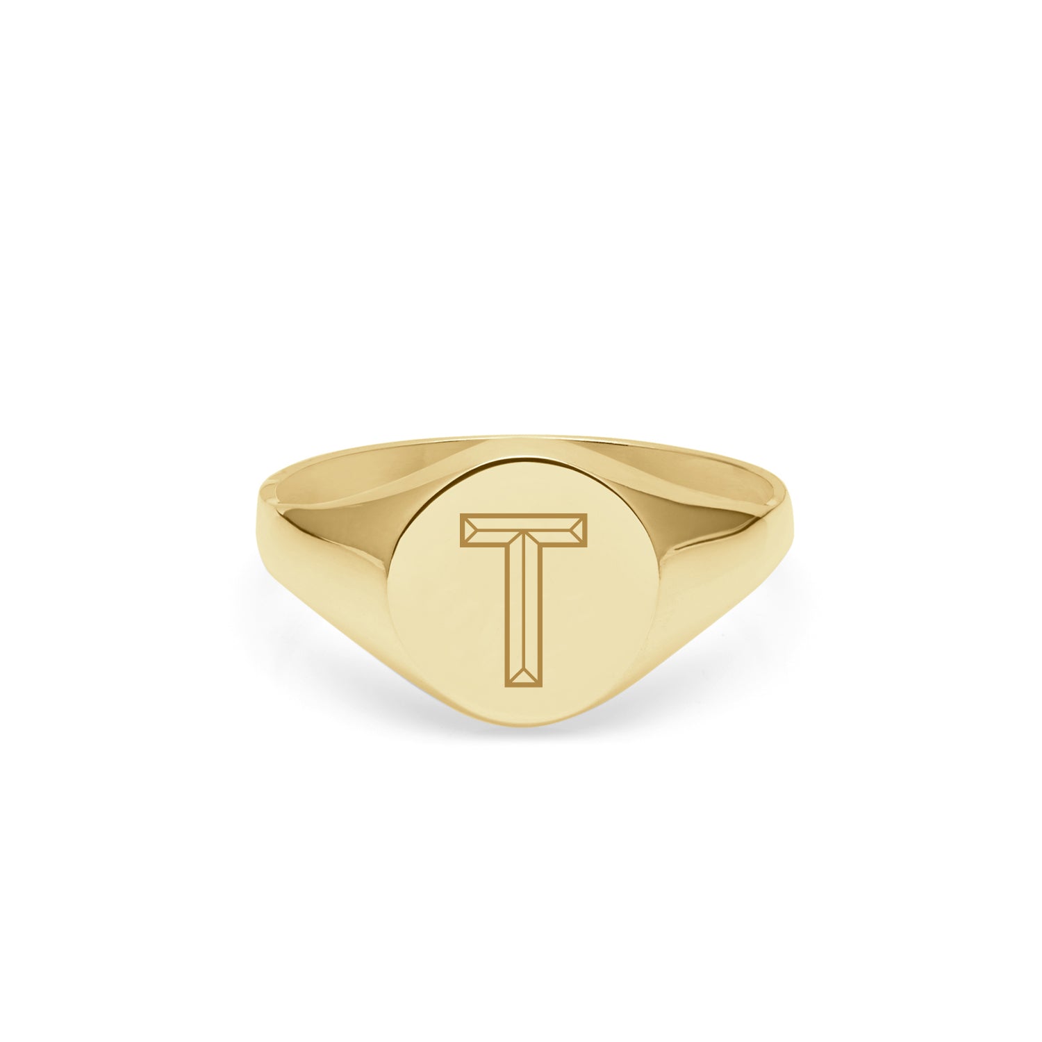 Initial T Facett Round Signet Ring - 9k Yellow Gold