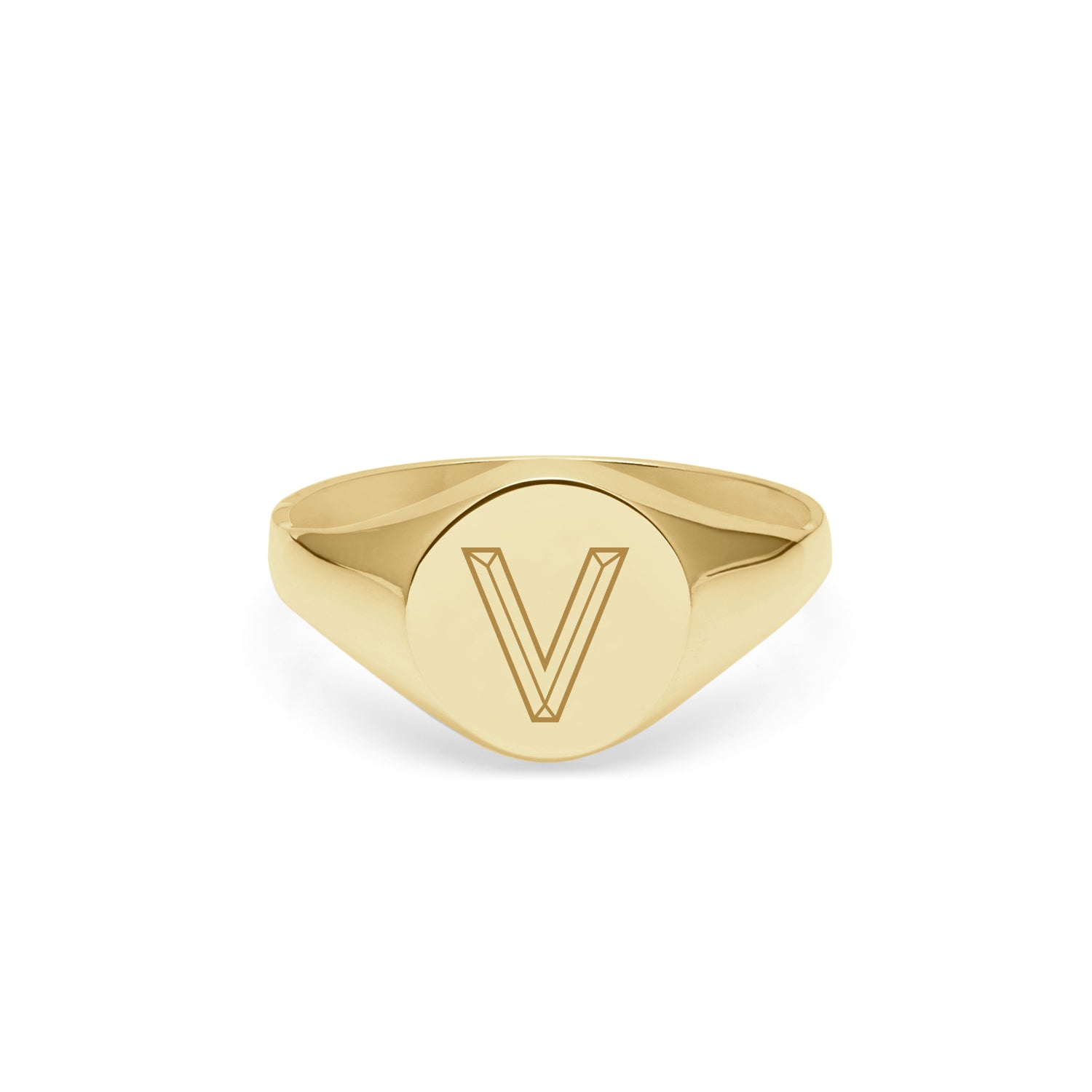 Initial V Facett Round Signet Ring - 9k Yellow Gold
