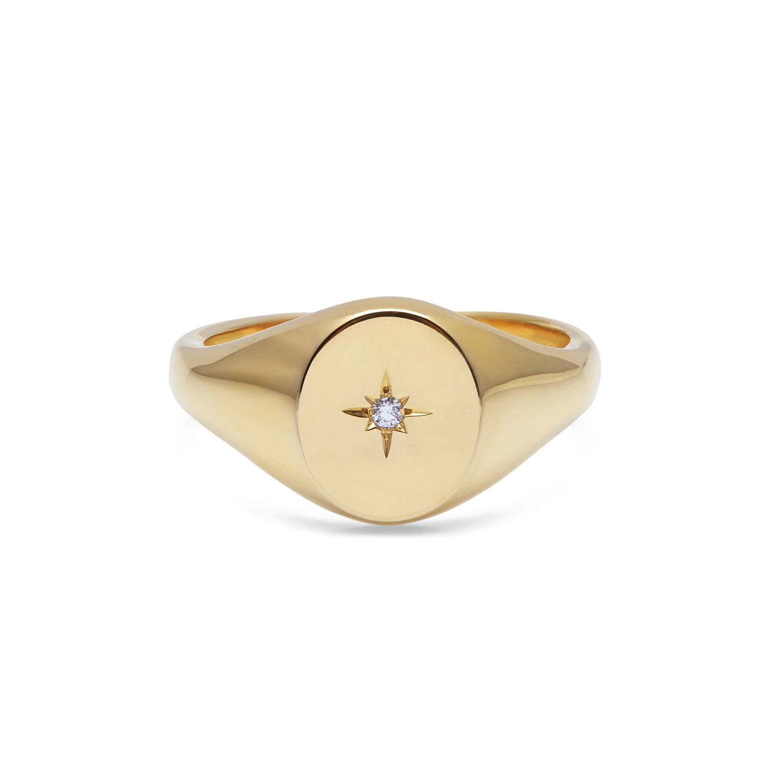 Oval Signet Ring with Star Set Diamond 11x9mm - 9K Yellow Gold