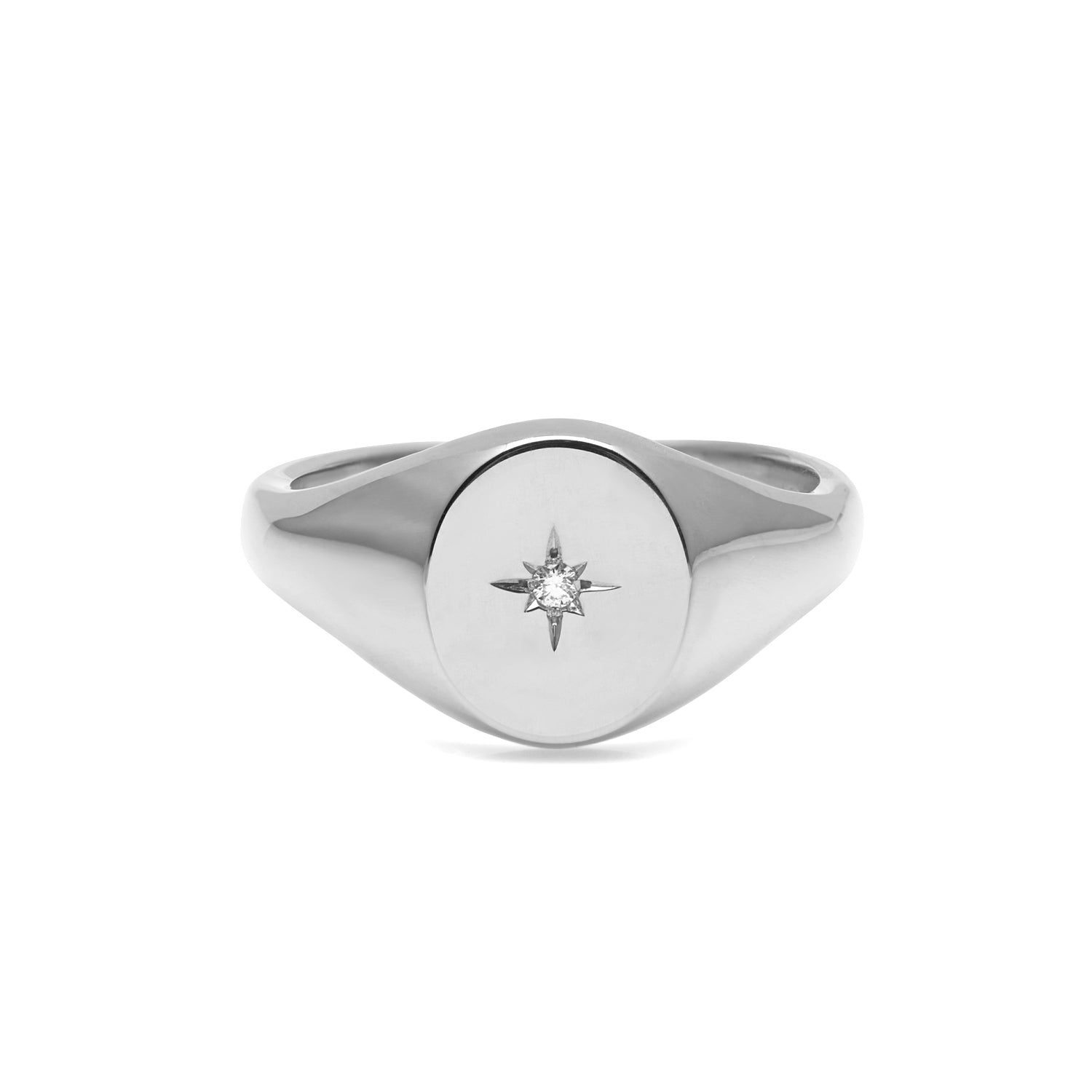 Oval Signet Ring with Star Set Diamond 11x9mm - 9K White Gold