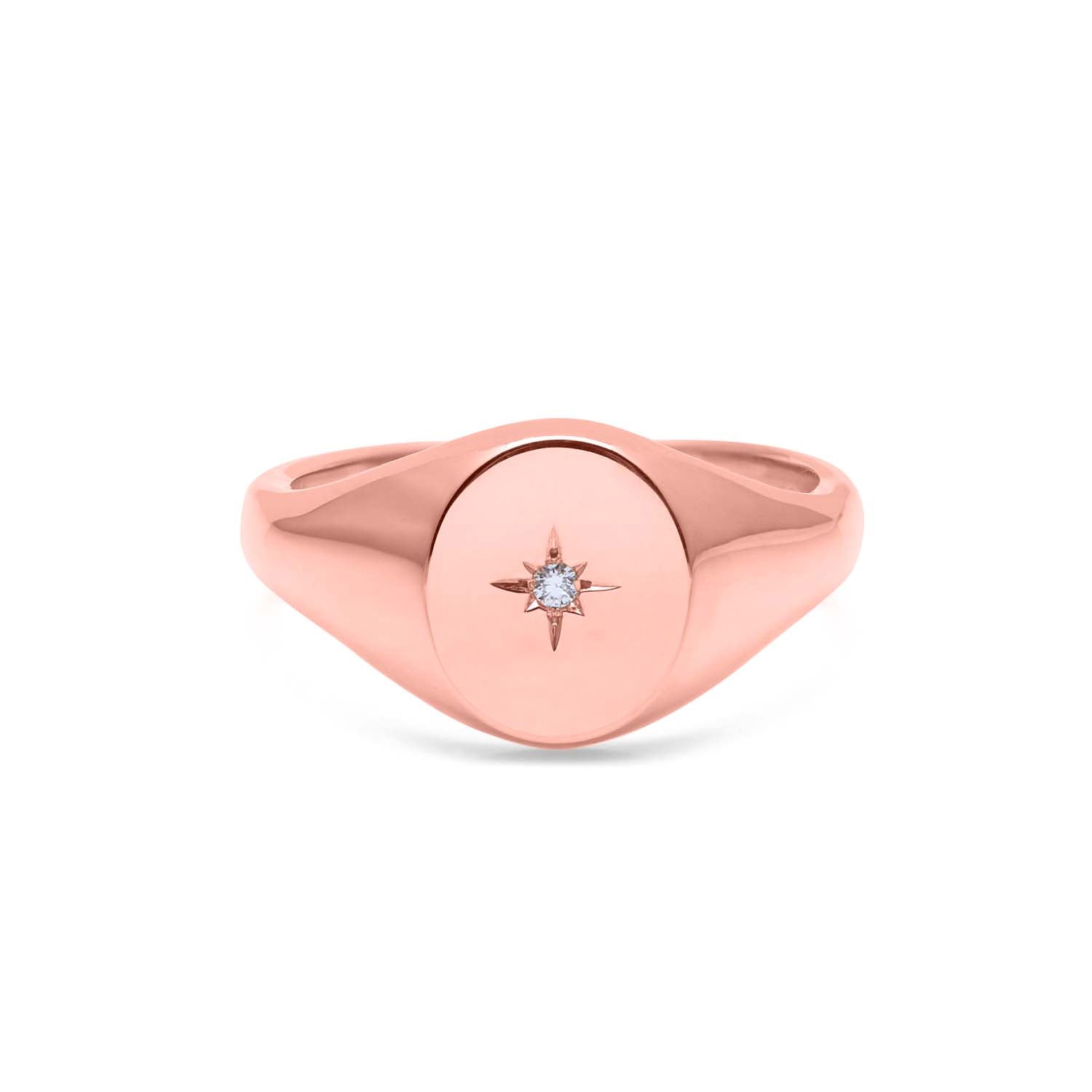 Oval Signet Ring with Star Set Diamond 11x9mm - 9K Rose Gold