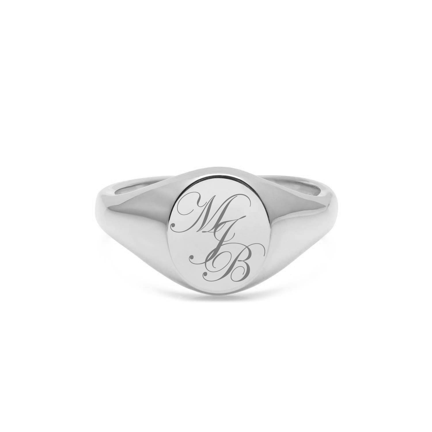 Triple Initial Oval Signet Ring - 9k White Gold